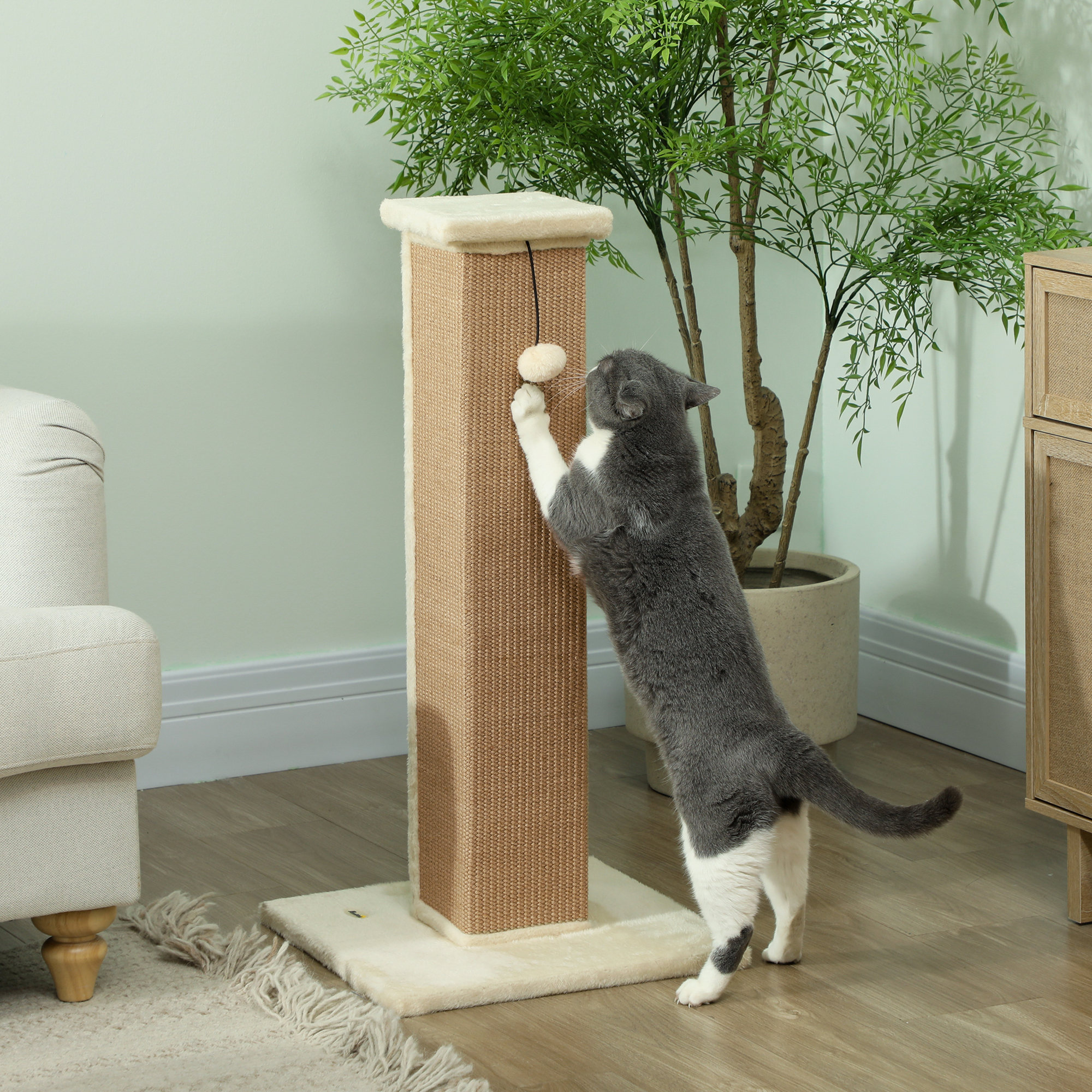 PawHut 32" Tall Cat Scratching Post for Indoor Cats and Kittens, Sisal Cat Scratcher with Hanging Ball Soft Plush, Beige Aosom Canada