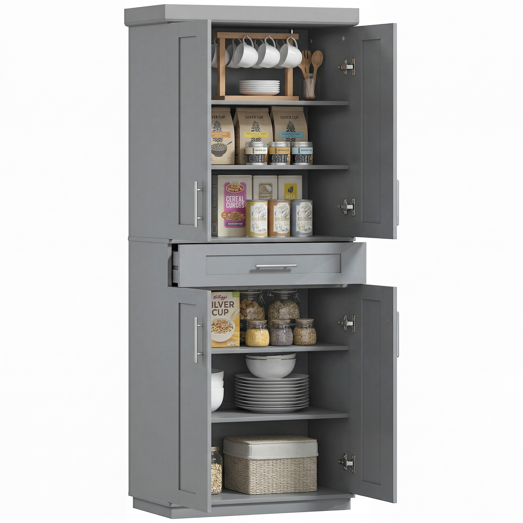HOMCOM Modern Kitchen Pantry Freestanding Cabinet Cupboard with Doors and Drawer, Adjustable Shelving, Gray