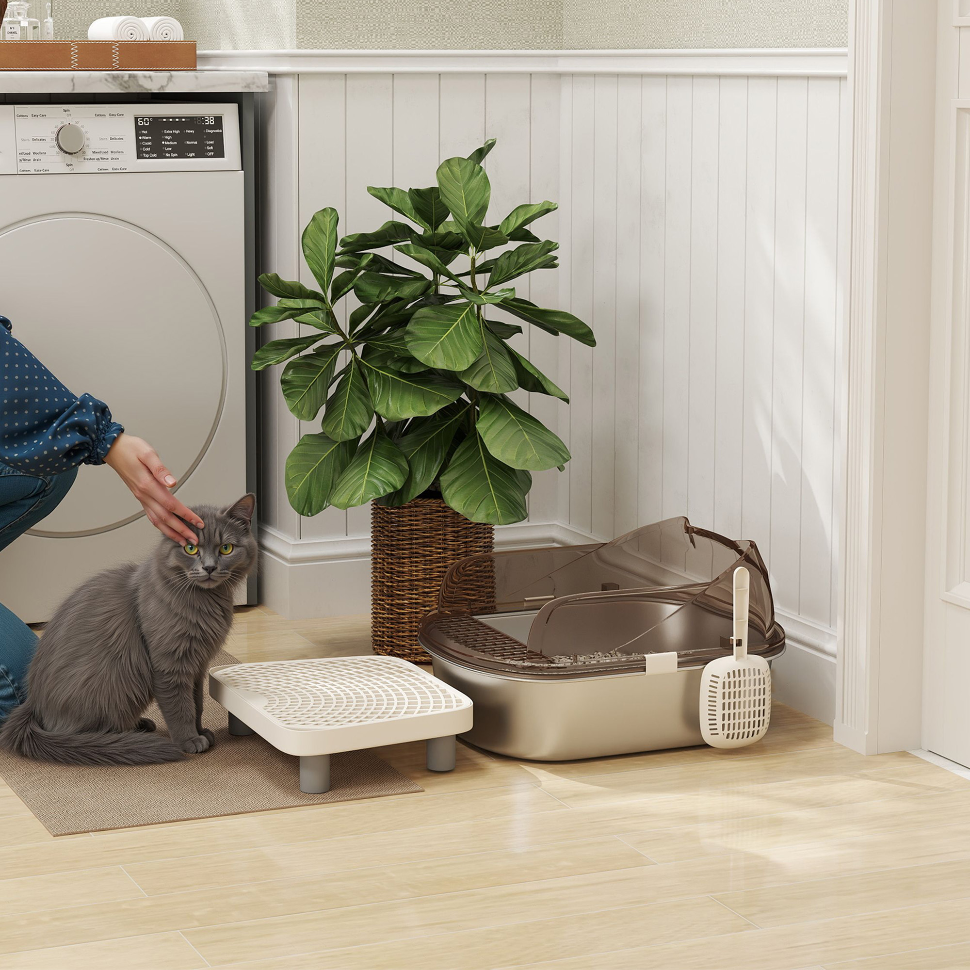 PawHut Stainless Steel Cat Litter Box with High Sided Enclosure, Step, Scoop, Non-Sticky & Anti-Urine Leakage, Easy Cleaning Aosom Canada