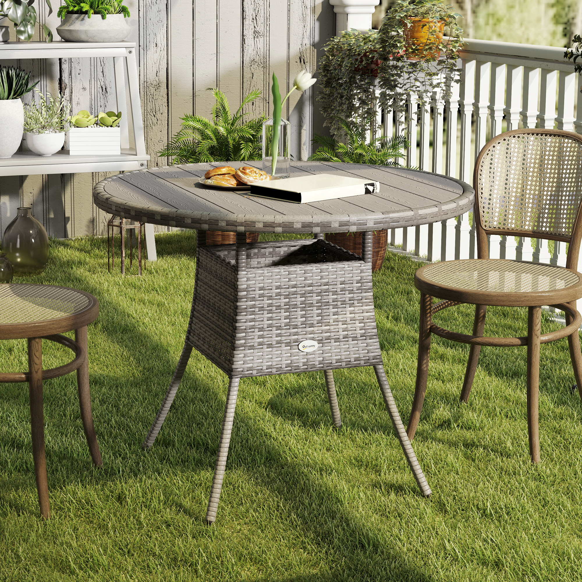 Outsunny 35.4" Outdoor Wicker Dining Table, PE Rattan Patio Furniture with Wood-plastic Composite Top, Grey Aosom Canada