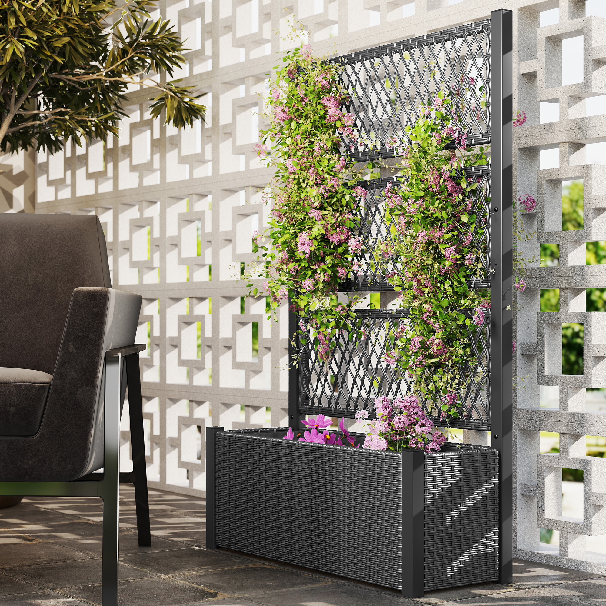 Outsunny Wicker Outdoor Planter with Trellis, 58" Standing Garden Bed with Liner, Drainage Holes for Climbing Plants, Dark Grey Aosom Canada