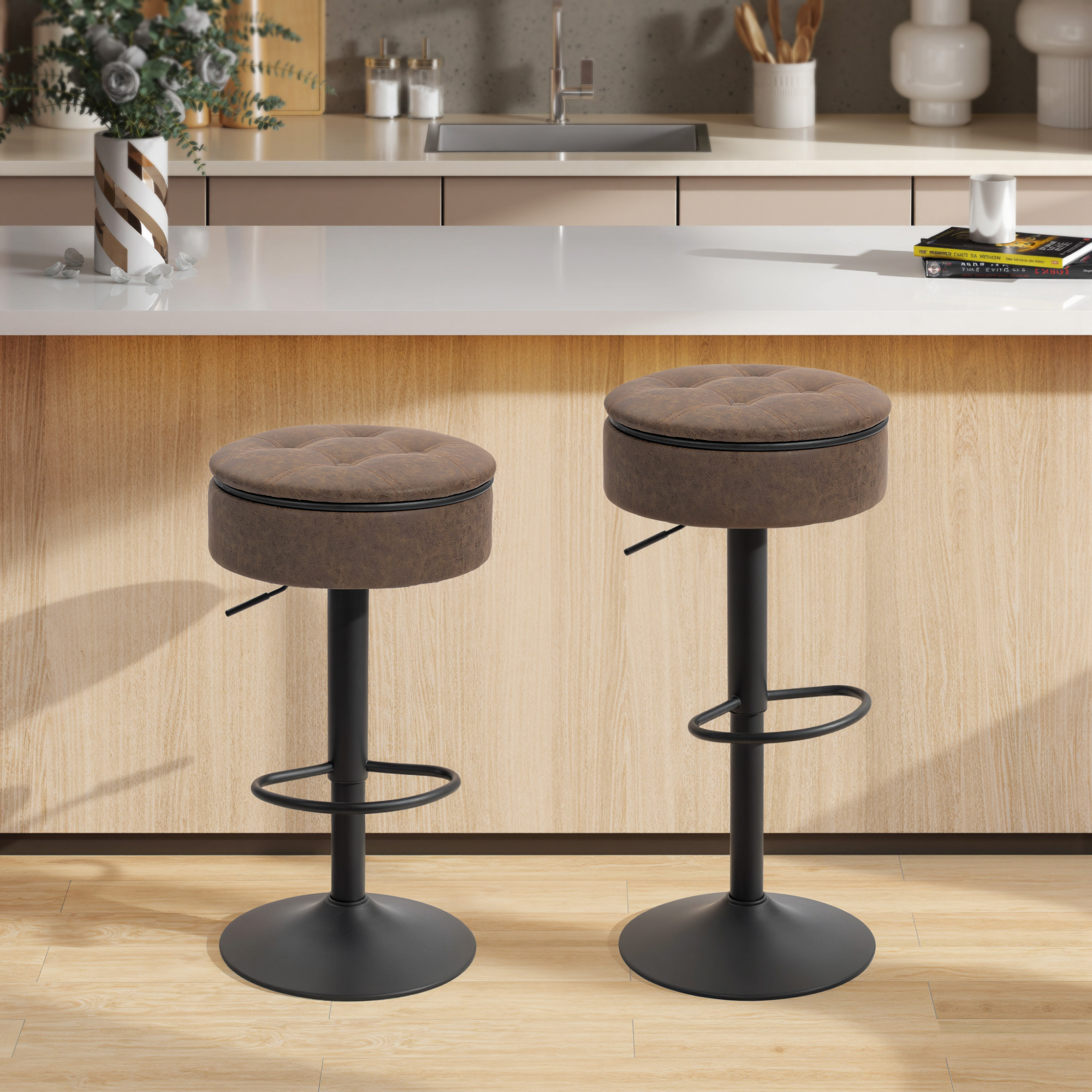 HOMCOM Set of 2 Barstools with Storage, Swivel Bar Stools with PU Leather Upholstered, Footrest, Steel Base, Brown Aosom Canada