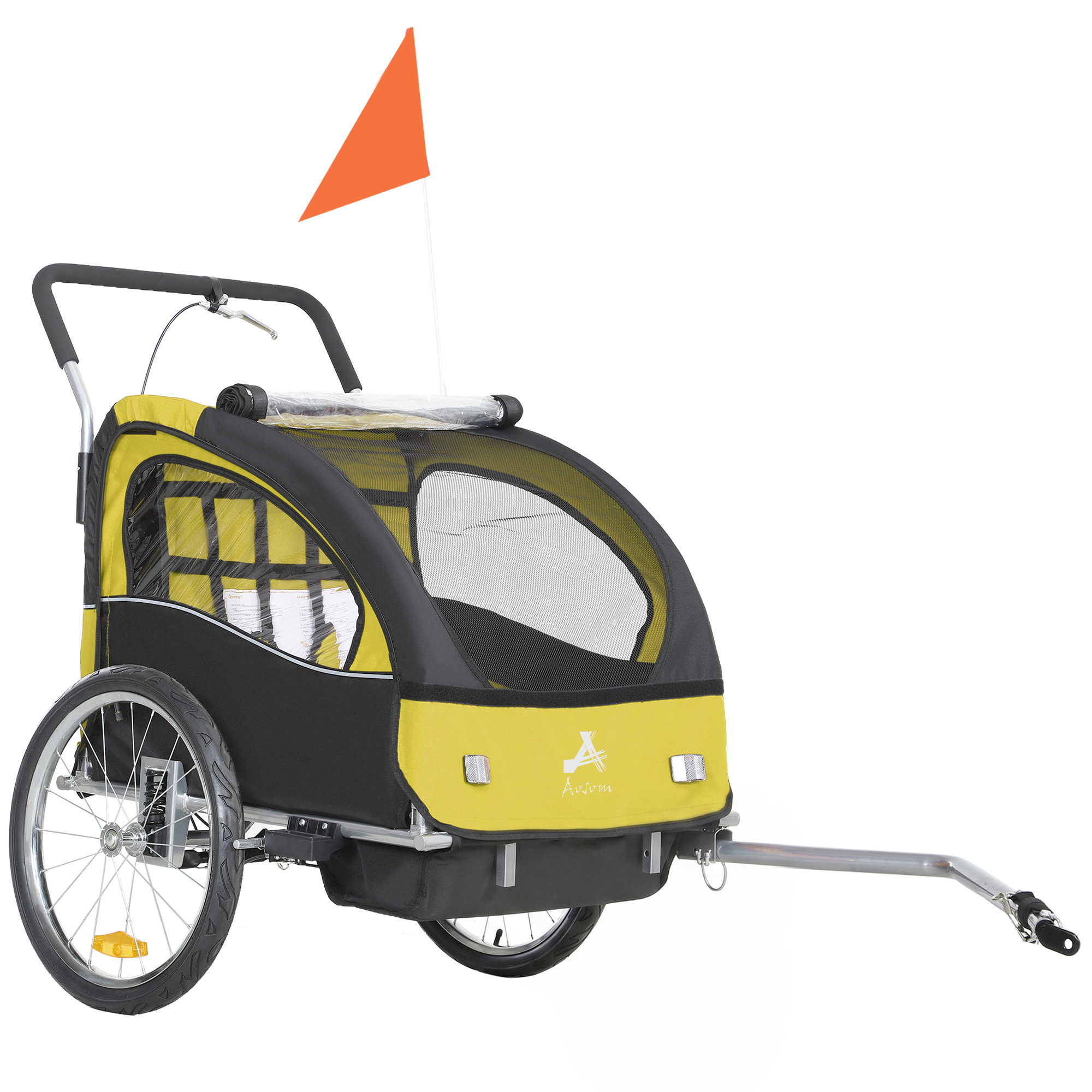 Aosom 2-Seat Elite 360 Swivel Bike Trailer for Kids Bicycle Cargo Trailer with Water-Resistant Windows, Yellow
