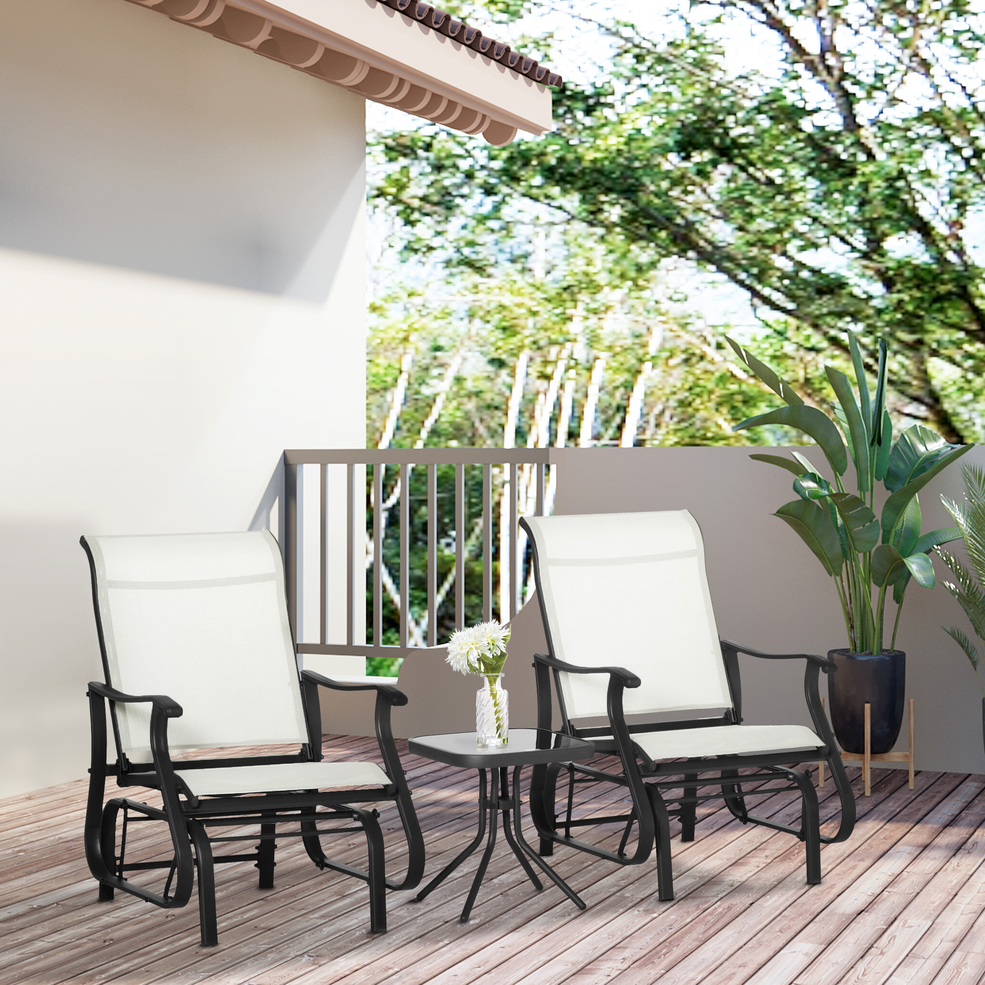 Outsunny 3PCs Gliding Chair Set with Bistro Square Glass Top Tea Table 2 Glider Rocking Chairs Garden Patio Cream White Aosom Canada