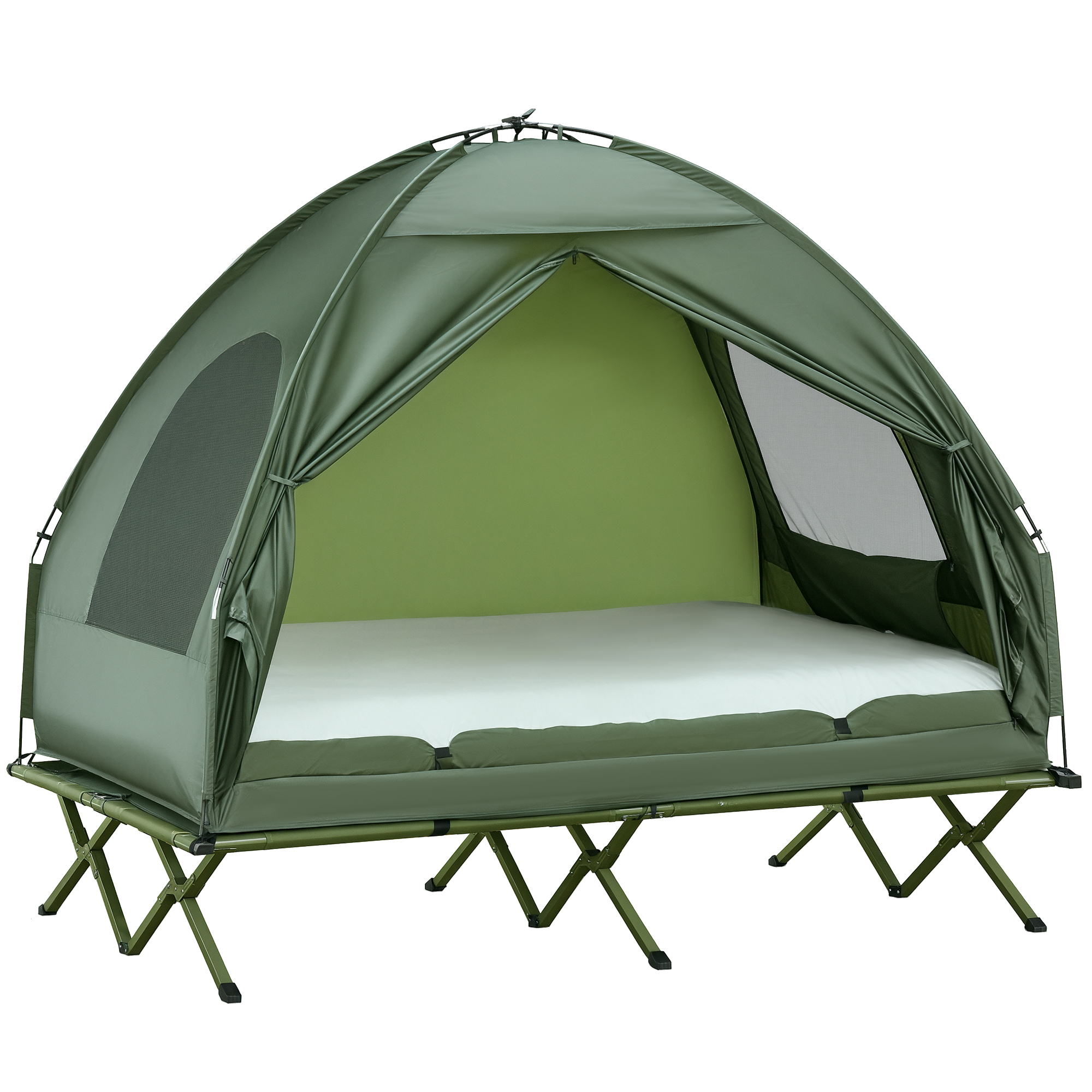 Outsunny 2-Person Tent Cot, 4-in-1 Elevated Camping Bed Combo with Air Mattress, Bed Cover, Foot Pump