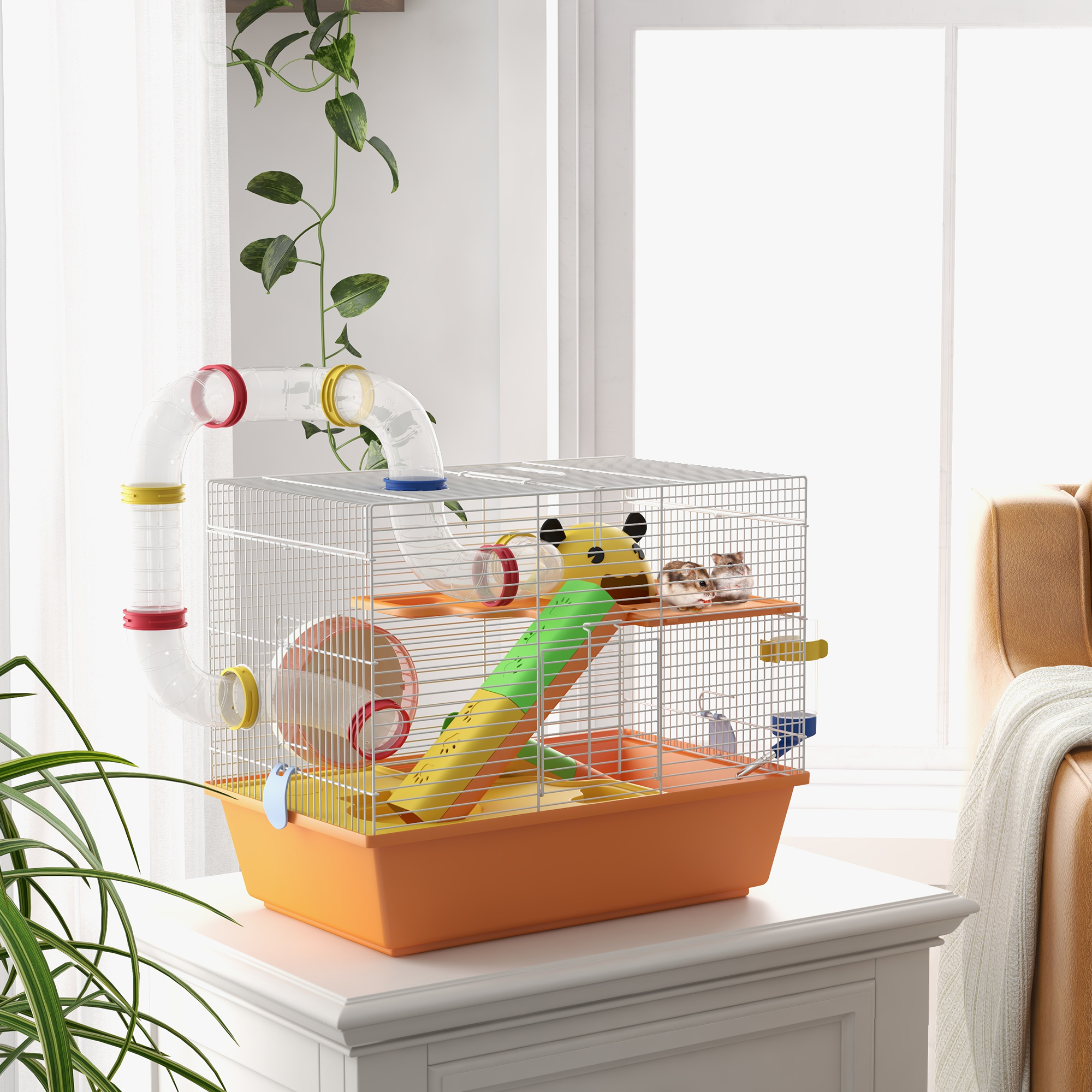 PawHut 3-Level Gerbil & Dwarf Hamster Cage with Tunnels, Water Bottle, Exercise Wheel, 18"x11"x15", Vibrant Orange Aosom Canada