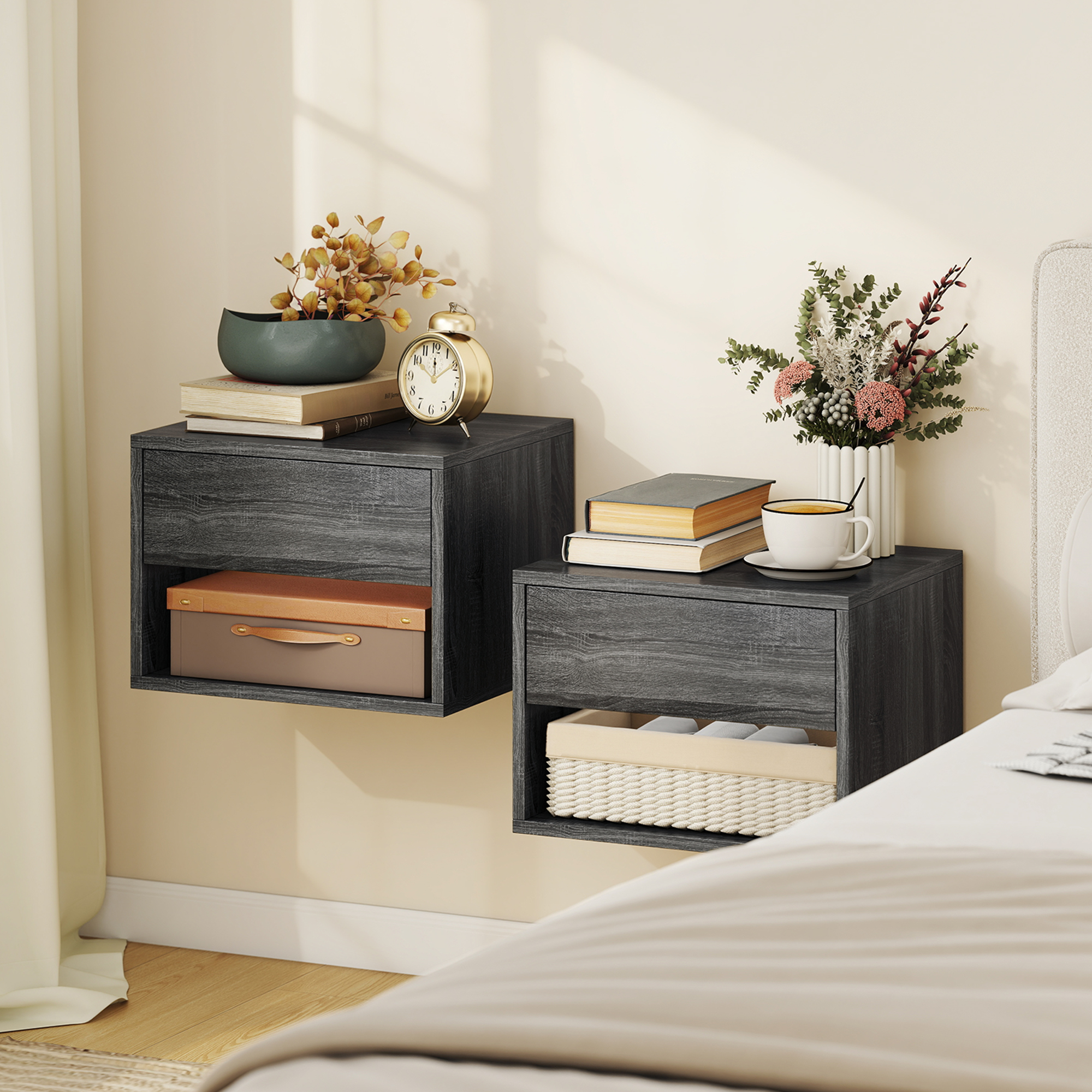 HOMCOM Floating Nightstand Set of 2, Wall Mounted Bedside Table with Drawer for Bedroom, Grey Aosom Canada