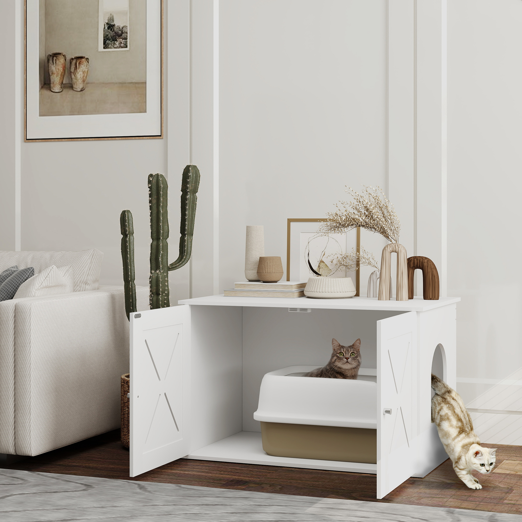 PawHut Hidden Cat Litter Box Enclosure with Double Doors, Hole, Pet House Side End Table, 31.5" x 19" x 20", White Aosom Canada
