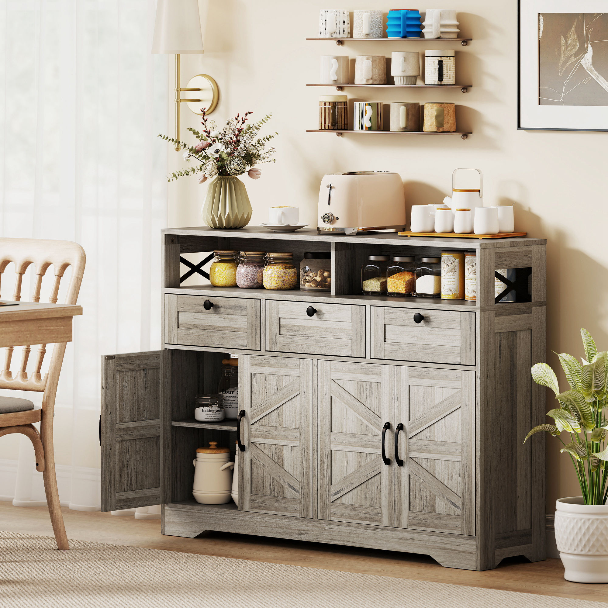 HOMCOM Sideboard, Buffet Cabinet with 4 Barn Doors and 3 Drawers, Coffee Bar Cabinet with Adjustable Shelves, Grey Aosom Canada
