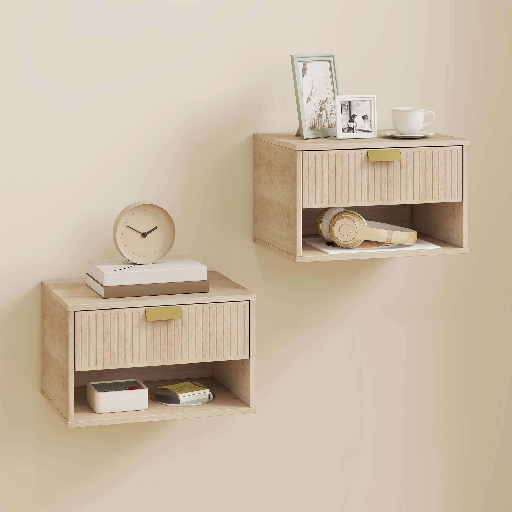 HOMCOM Set of 2 Wall Mounted Bedside Tables, Floating Nightstands with Fluted Drawer and Open Shelf for Bedroom, Oak Aosom Canada
