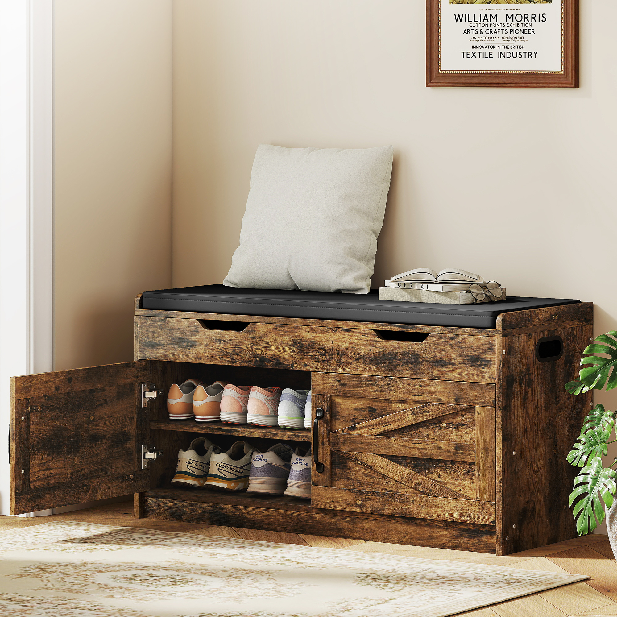 HOMCOM Shoe Storage Bench, Entryway Bench with 2-Tier Cabinet, Flip-Top Storage, Padded Cushion for Hallway, Rustic Brown Aosom Canada