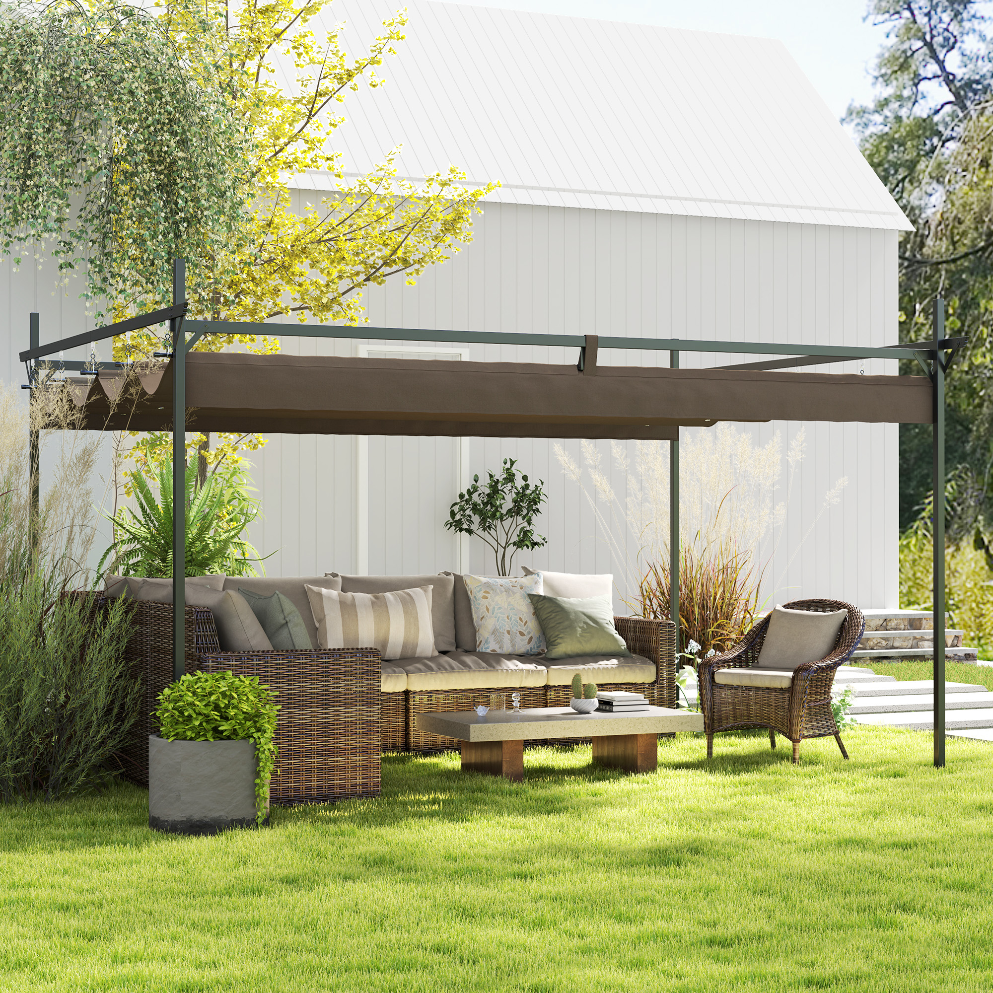 Outsunny 10' x 10' Outdoor Gazebo, UPF30+ Retractable Pergola Canopy, Free Standing Metal Pergola Kit, Brown Aosom Canada