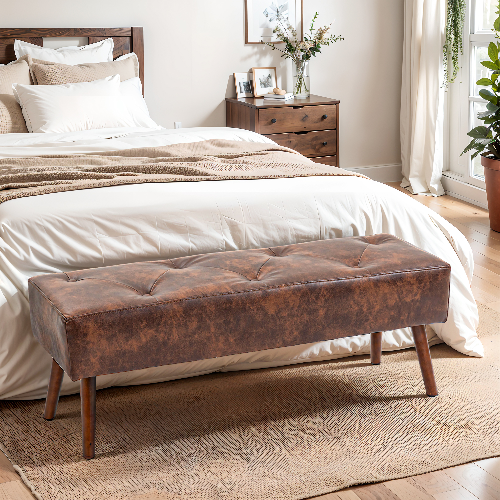 HOMCOM Luxurious Bedroom Bench End of Bed Bench Button Tufted PU Leather Wood Legs Entryway Furniture Brown Aosom Canada