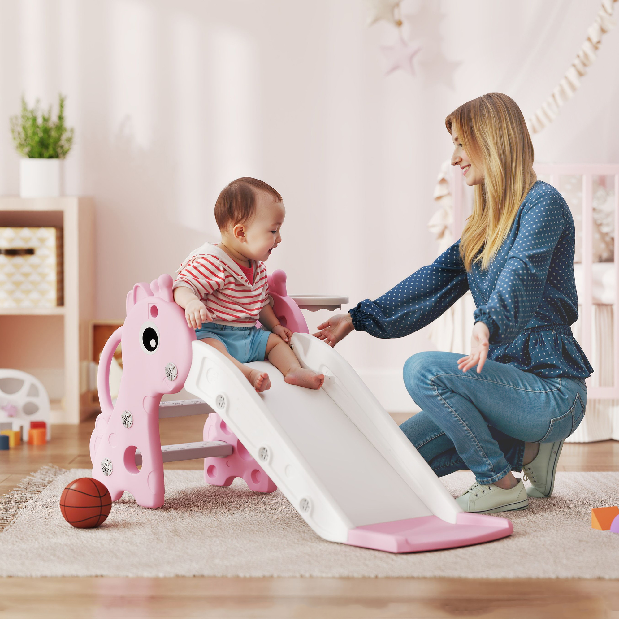 Qaba 3 in 1 Toddler Slide for Age 1-3, Kids Slide with Climber, Basketball Hoop and Ball, Giraffe Design, Pink Aosom Canada