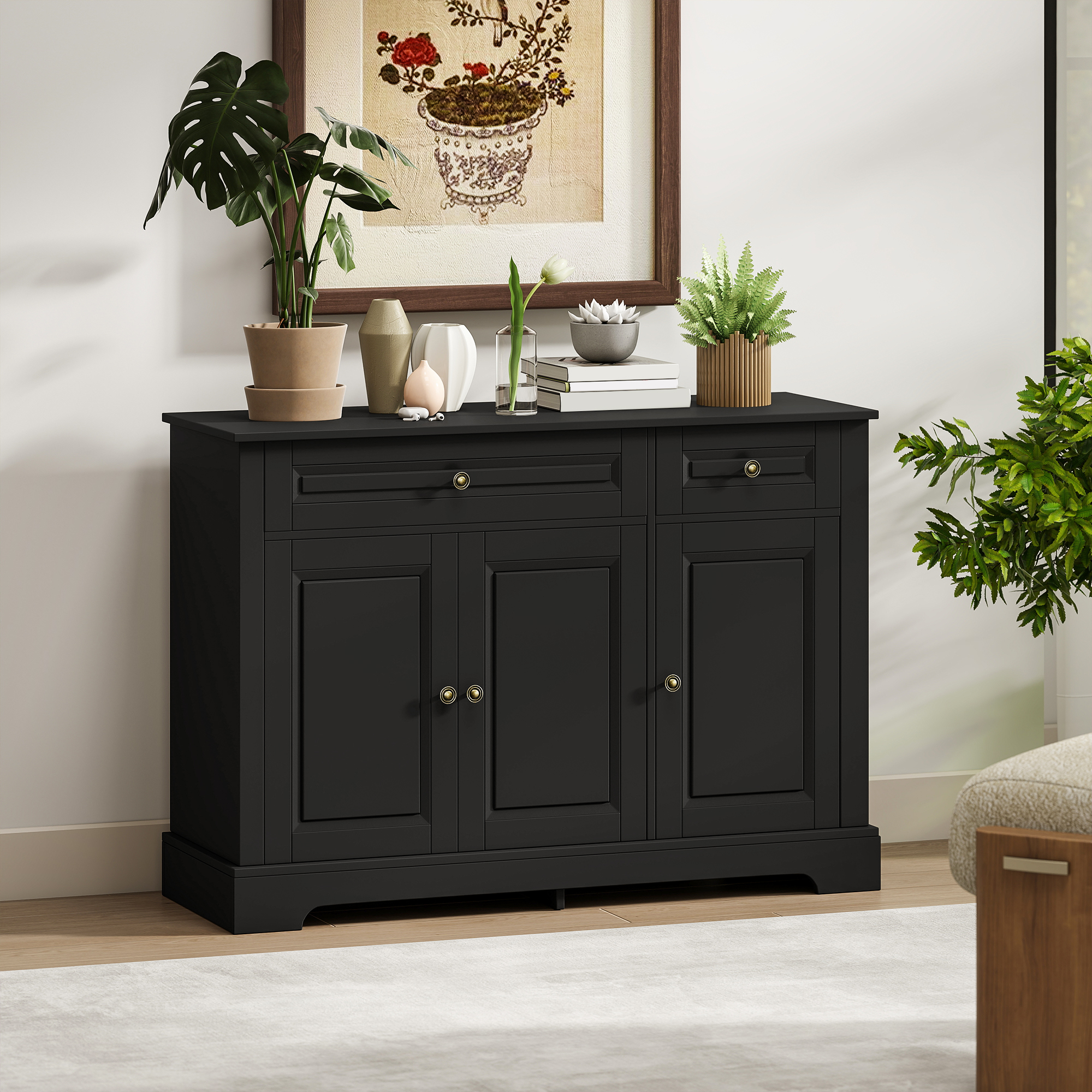 HOMCOM Contemporary Elegance: Sleek Sideboard Buffet Cabinet with Drawers, Shelves for Dining Room Storage, Black Finish Aosom Canada