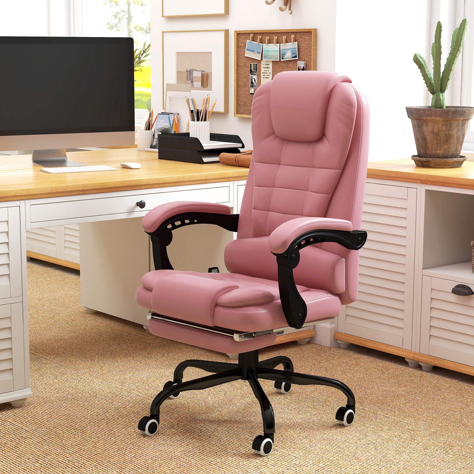 Vinsetto 7-Point Vibrating Massage Chair, Reclining Office Chair with Footrest, Reclining Back, Adjustable Height, Pink Aosom Canada