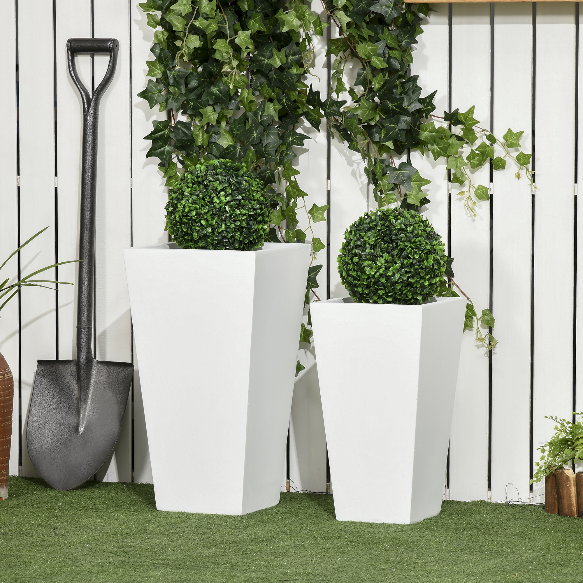 Outsunny Set of 2 Tall Planters with Drainage Holes, 22" / 18" Outdoor Flower Pots for Patio, Yard, Garden, White Aosom Canada
