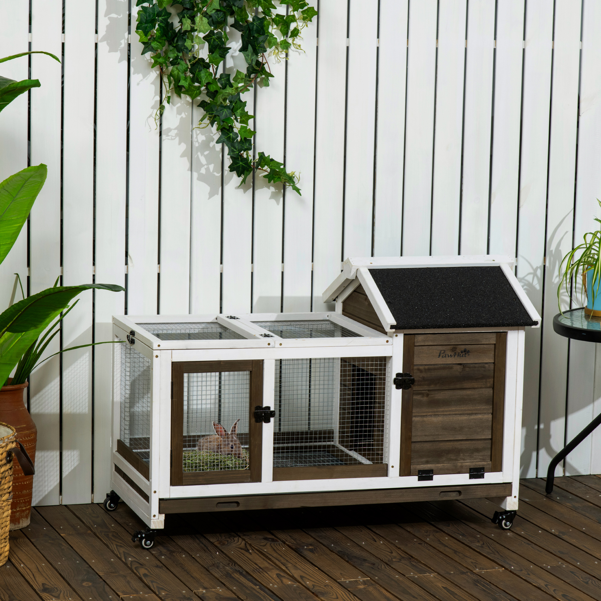 PawHut Rabbit Cage Indoor Outdoor with Wheels Ramp Run Tray for Rabbit Guinea Pig Coffee Aosom Canada