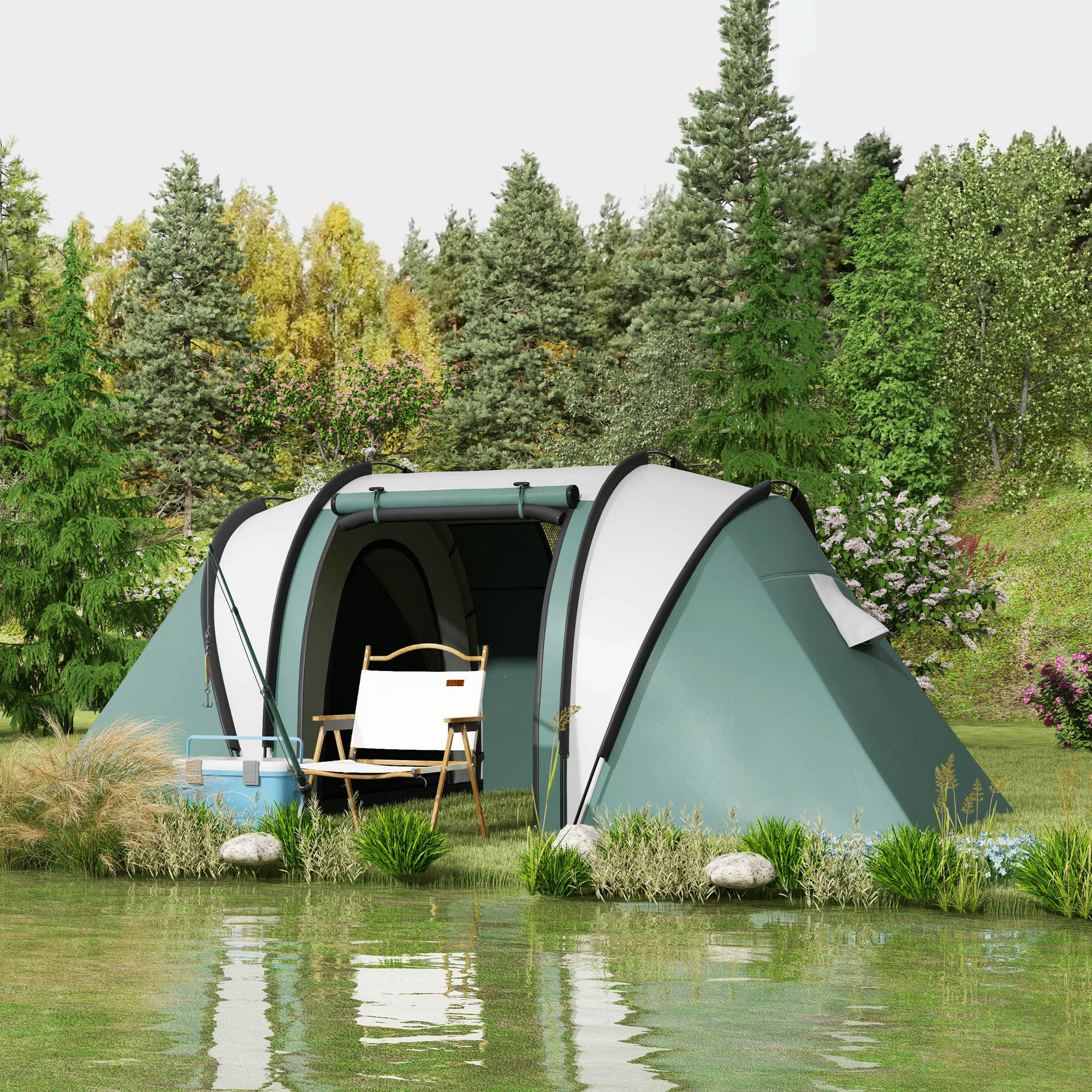 Outsunny 4 Person Camping Tent with 2 Bedrooms and Living Room,Waterproof Family Tent with 3 Windows for Fishing Hiking, Army Green | Aosom Canada