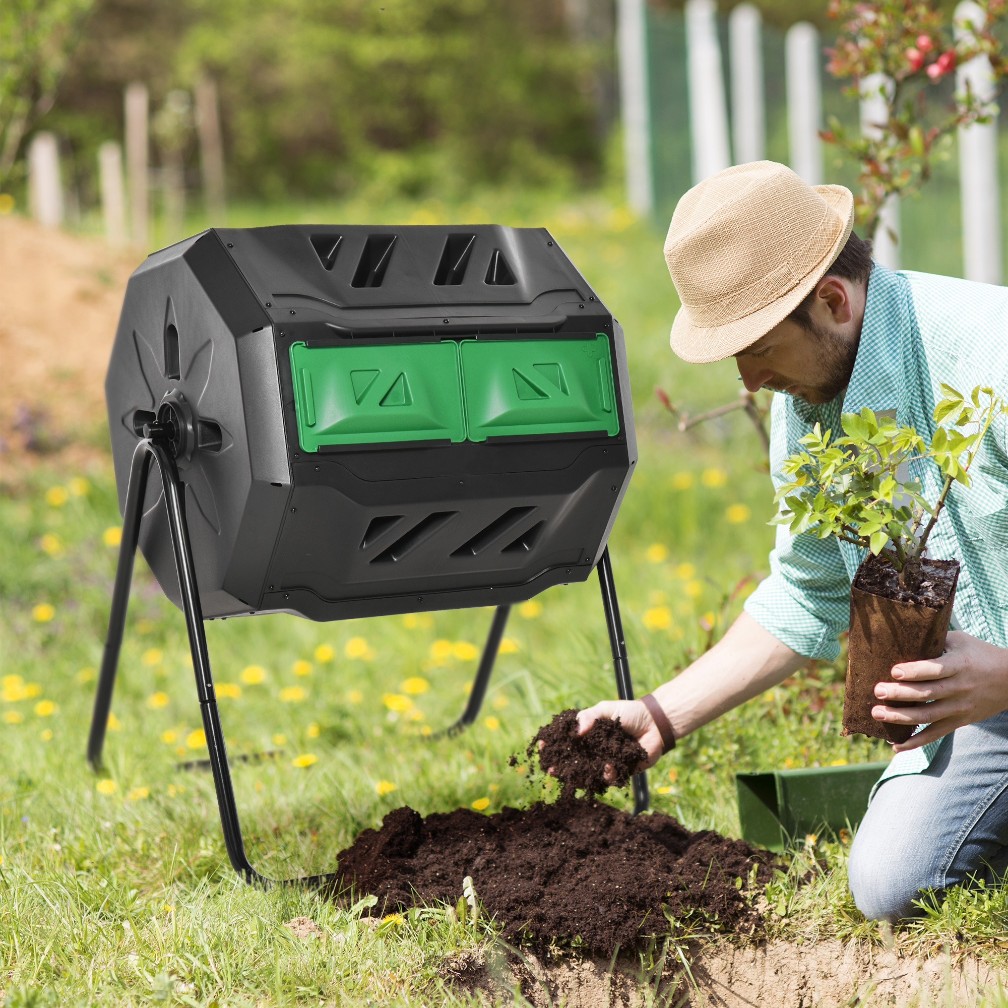 Outsunny Tumbling Compost Bin Outdoor Dual Chamber 360° Rotating Composter 43 Gallon w/ Sliding Doors & Solid Steel Frame, Green Aosom Canada