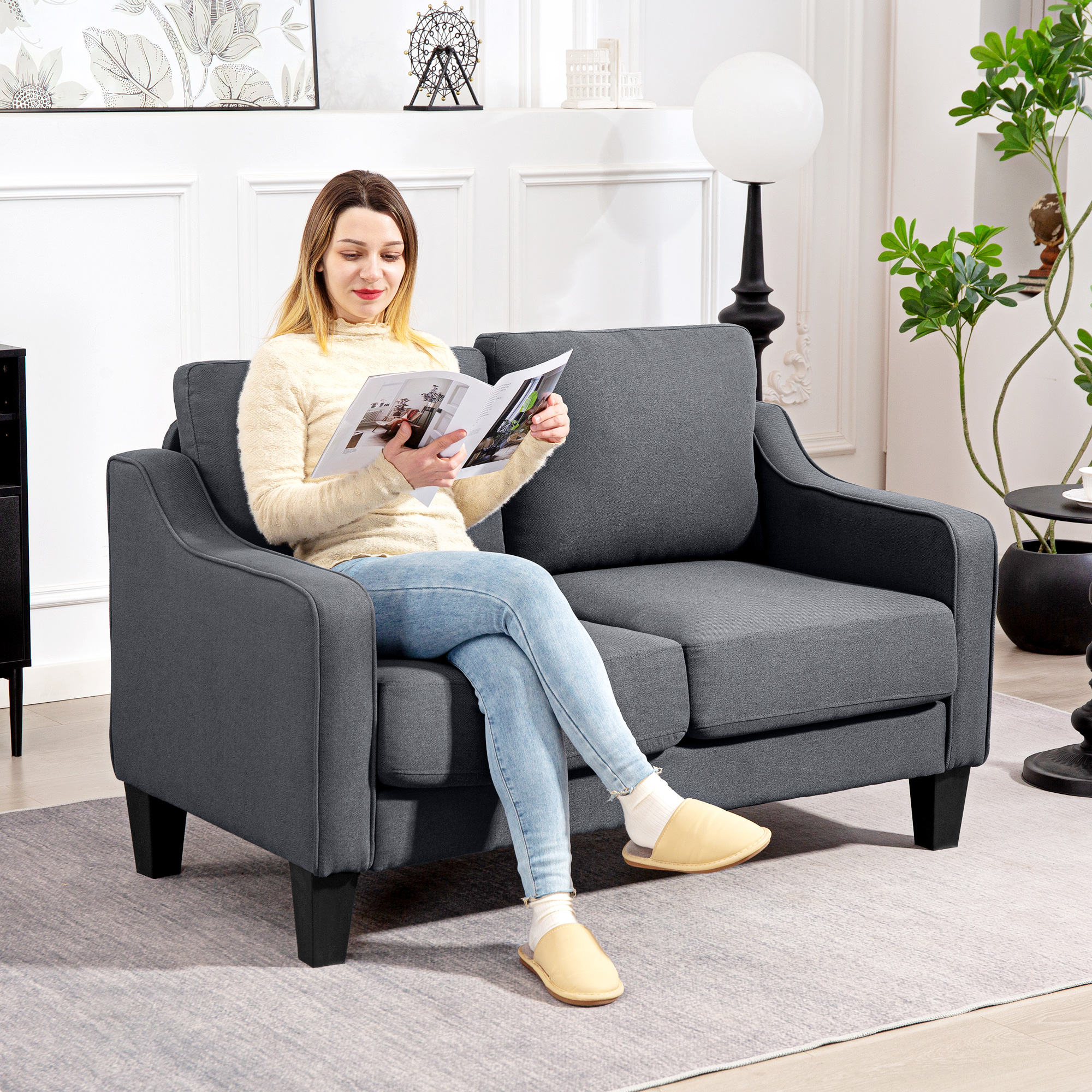 HOMCOM Loveseats with Pocket Spring, Armrest, Modern Couch with Linen Upholstered, Thick Padded, Charcoal Grey Aosom Canada