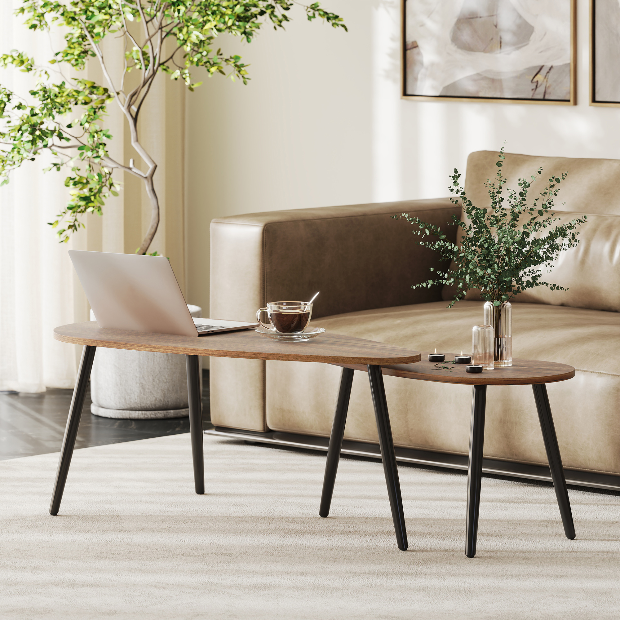 HOMCOM 2 Pieces Coffee Table Set for Living Room, Industrial Nest of Tables with Steel Legs, Brown Aosom Canada