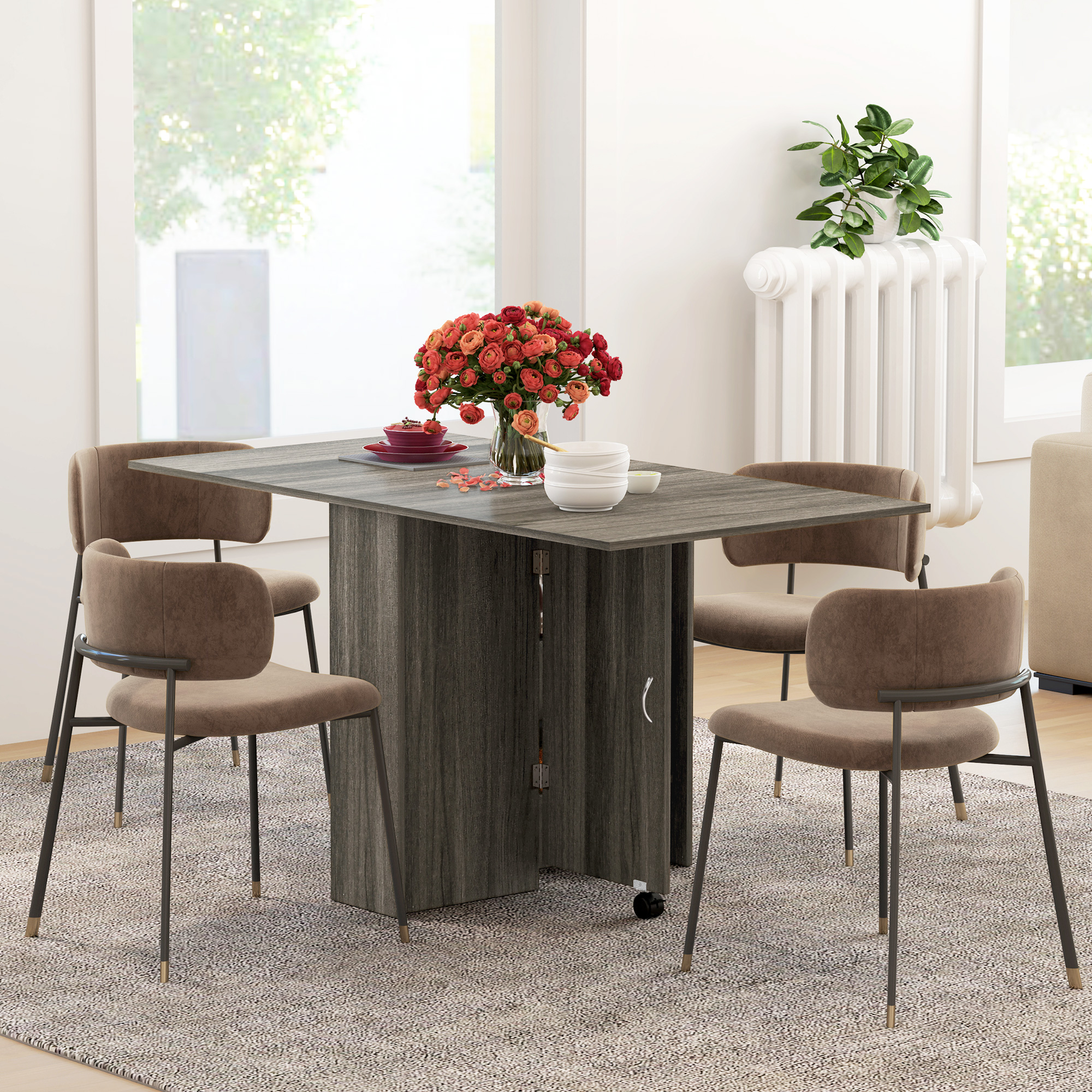 HOMCOM Extendable Dining Table, Collapsible Folding Table w/ 2-tier Shelves and Rolling Casters, Grey Wood Grain Aosom Canada