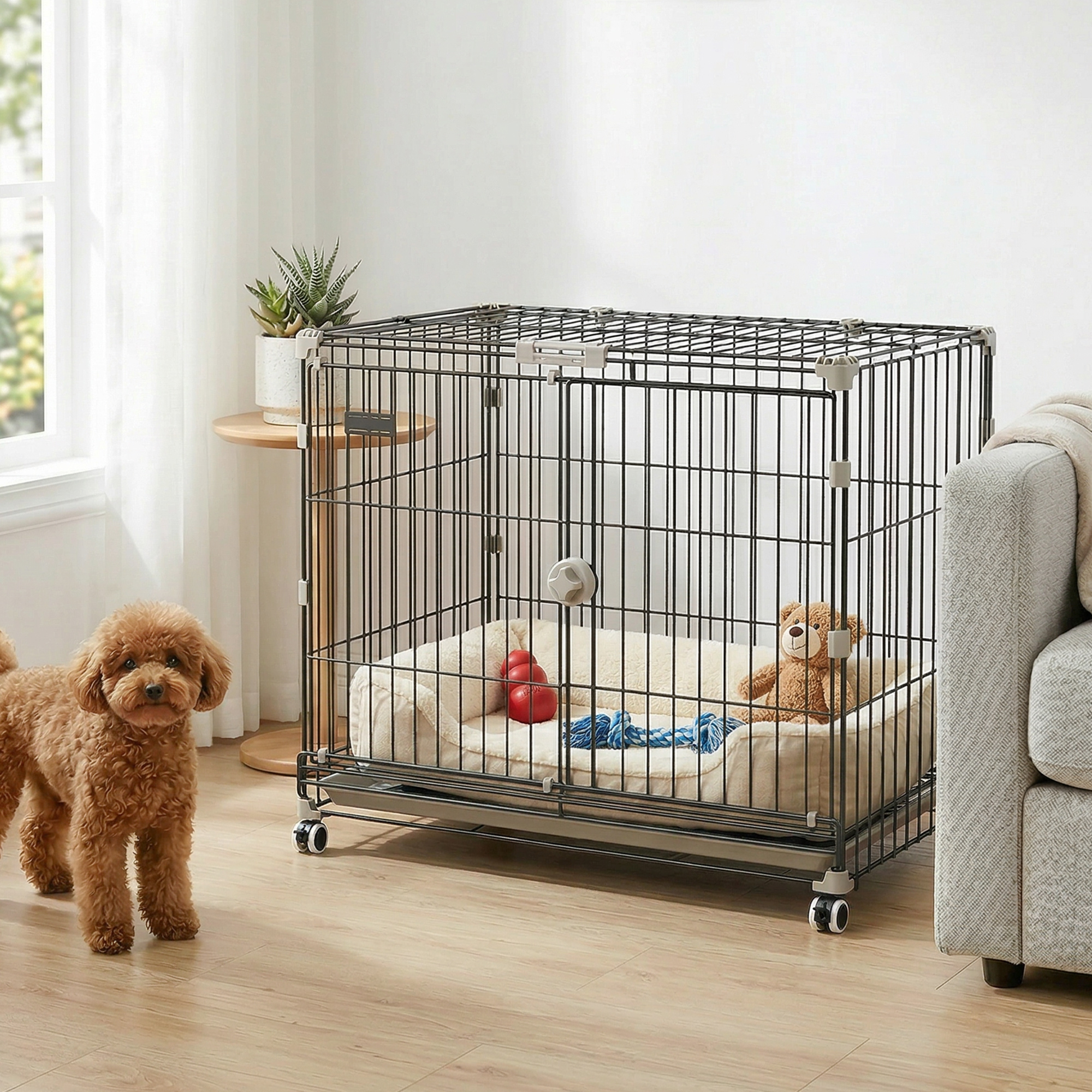 PawHut Foldable Dog Crate, 30 Inch Metal Dog Cage with Removable Tray, Lockable Wheels, 2 Doors for Small Medium Breeds, Black Aosom Canada