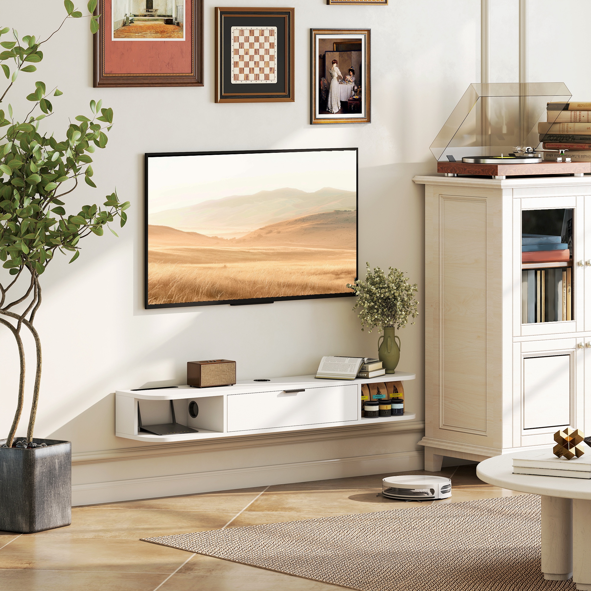 HOMCOM 47" Floating TV Stand for TVs up to 50 Inch, Wall Mounted Media Console with Flip Drawer and 2 Open Shelves, White Aosom Canada