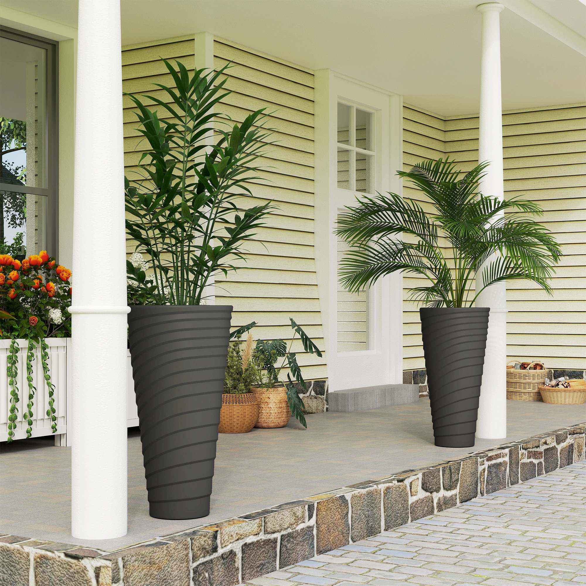 Outsunny 29" Tall Planters Set of 2, Indoor Outdoor Stackable Taper Planters with Drainage Holes, Black Aosom Canada