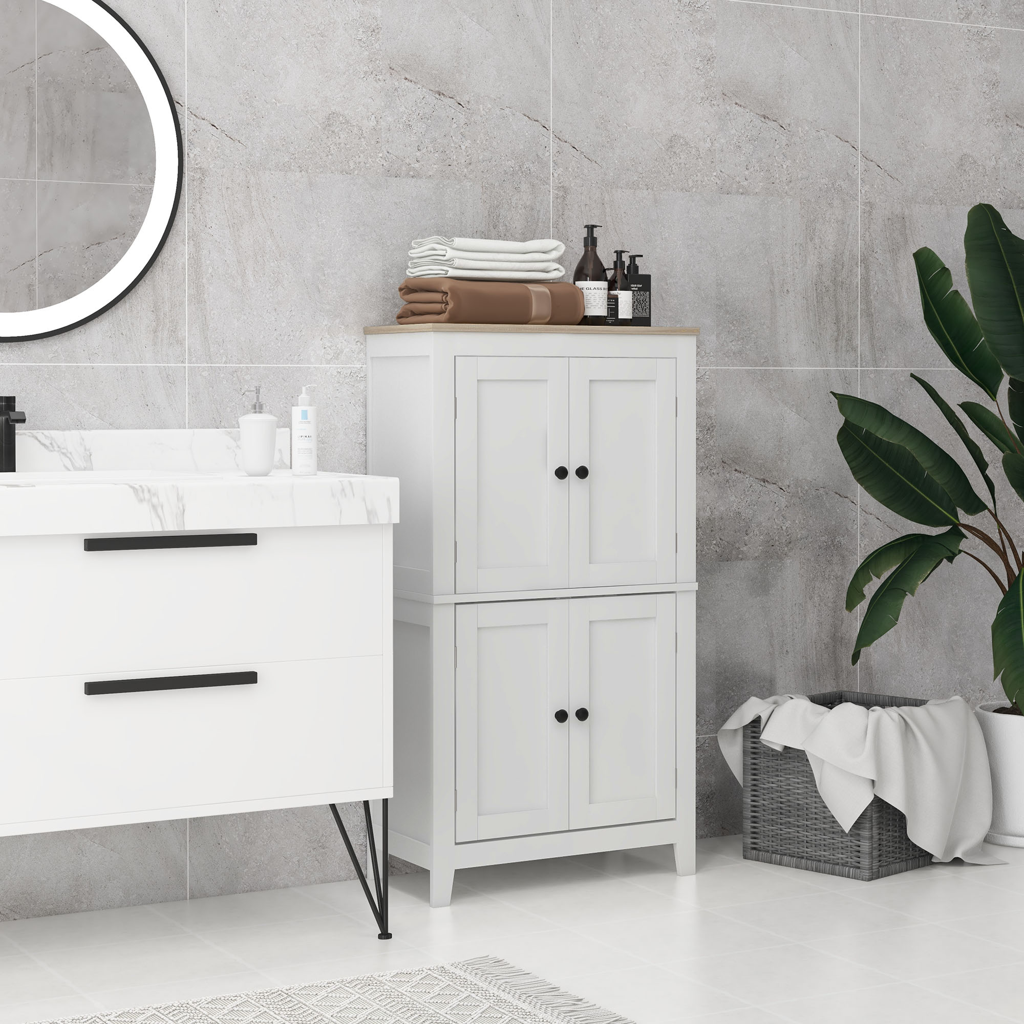 HOMCOM Bathroom Storage Cabinet, Modern Bathroom Floor Cabinet with 4 Doors and 2 Adjustable Shelves, White Aosom Canada
