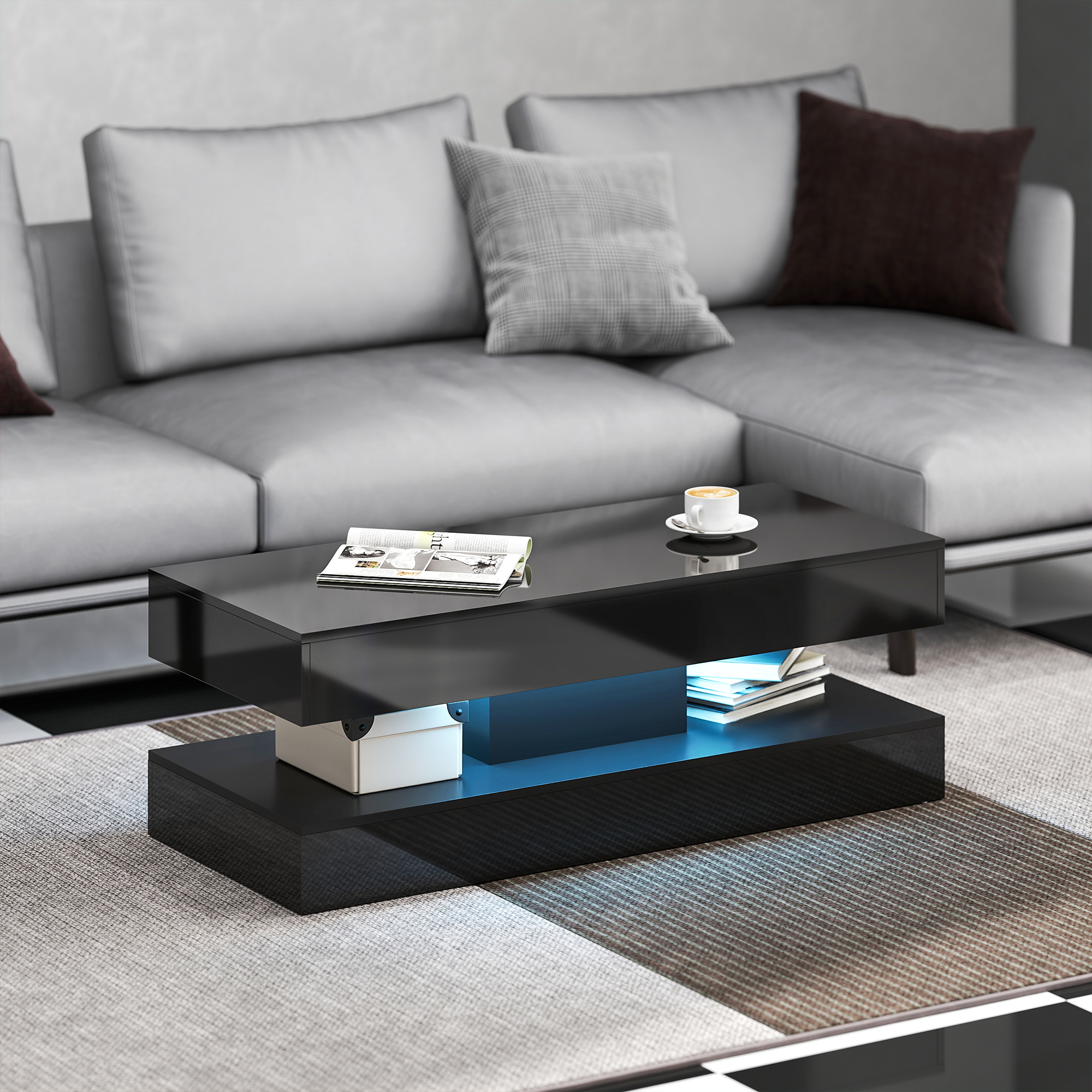 HOMCOM Coffee Table with Adjustable LED Lights, Modern Living Room Table with 2 Drawers, Open Shelf, Remote, High Gloss Black Aosom Canada