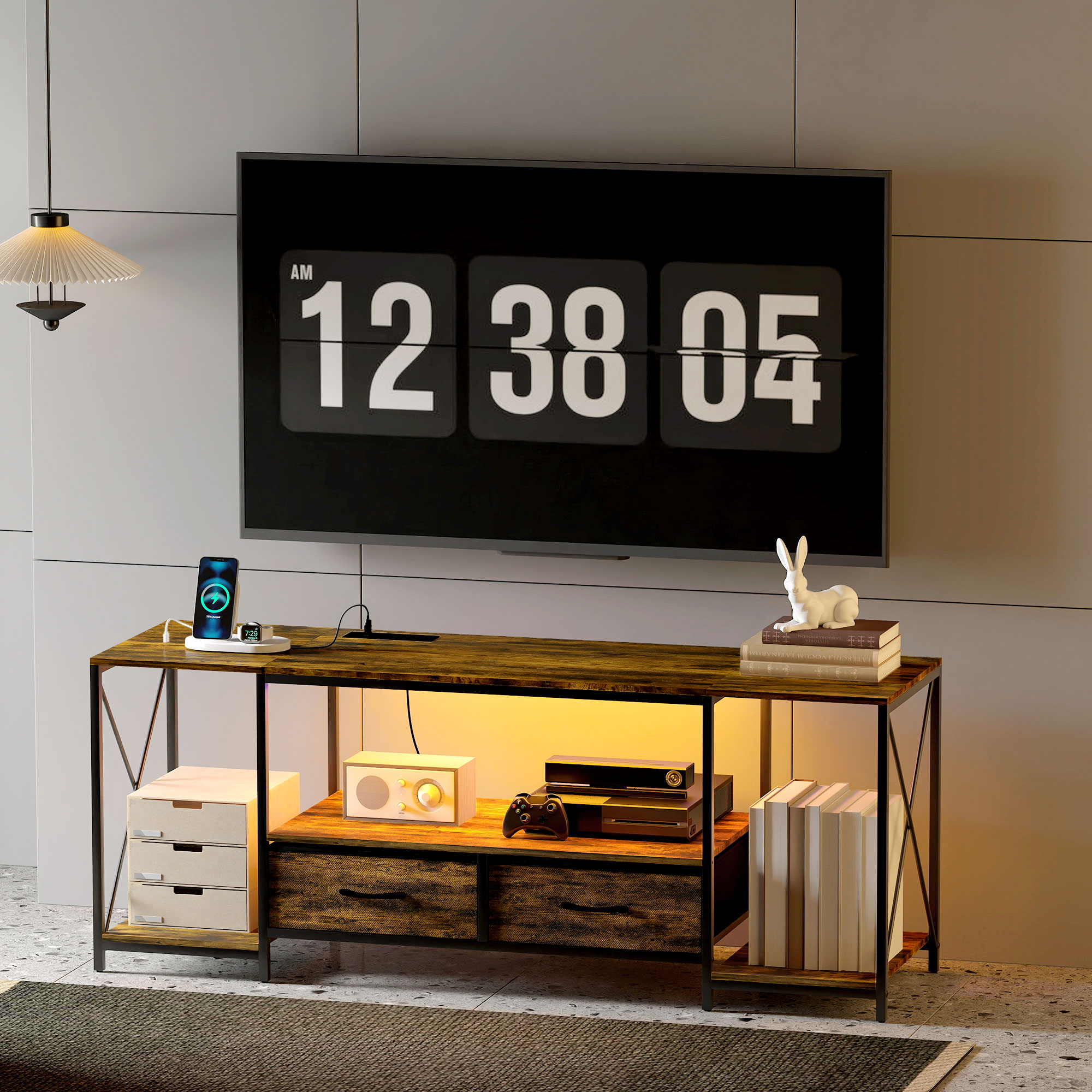 HOMCOM Industrial TV Stand for up to 55 Inch TV, TV Console with Charging Station and RGB LED Lights, Rustic Brown Aosom Canada