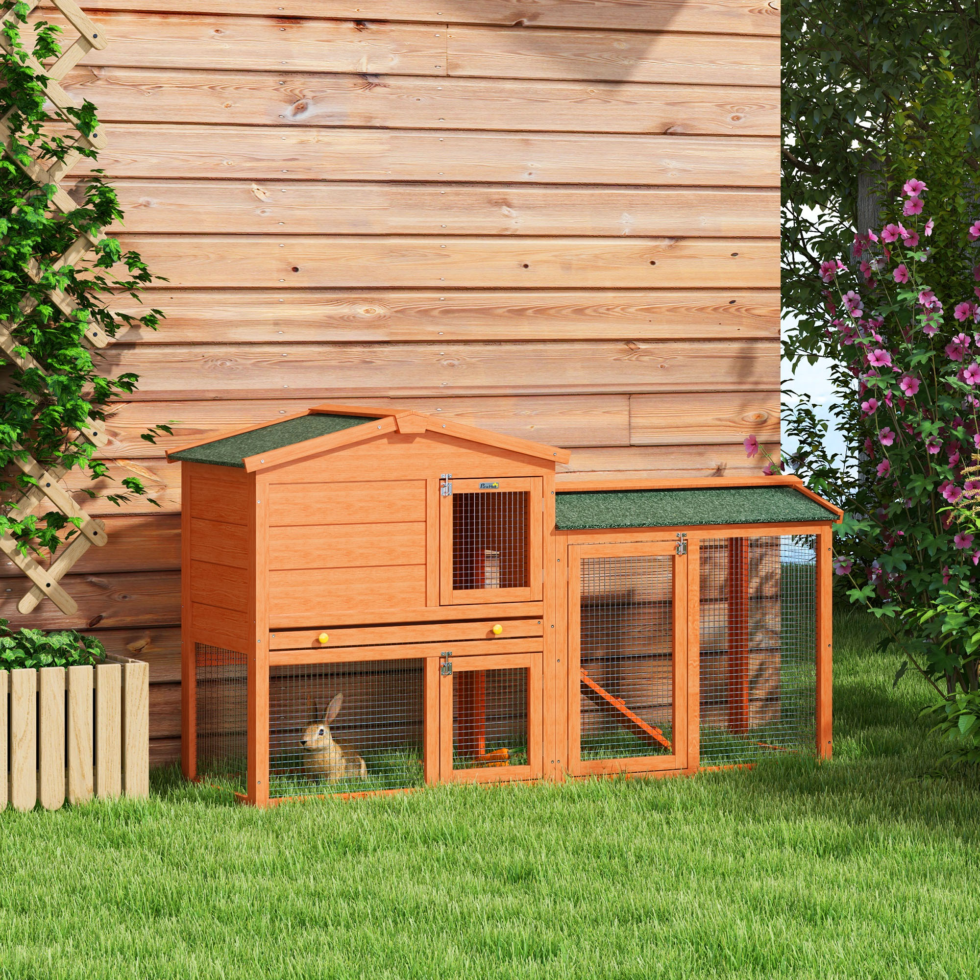 PawHut Two-Level Rabbit Hutch Small Animal House Pet Bunny Cage Home w/ Outdoor Run Water & UV Resistant Roof Access Ramp Aosom Canada
