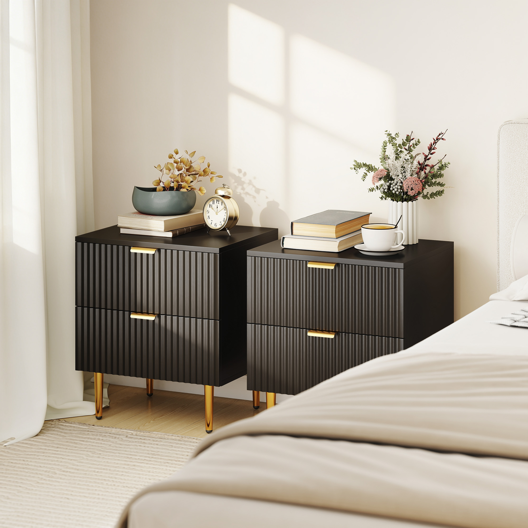 HOMCOM End Table Set of 2, Modern Nightstand with 2 Drawers, Side End Table with Metal Legs for Living Room, Bedroom, Black Aosom Canada
