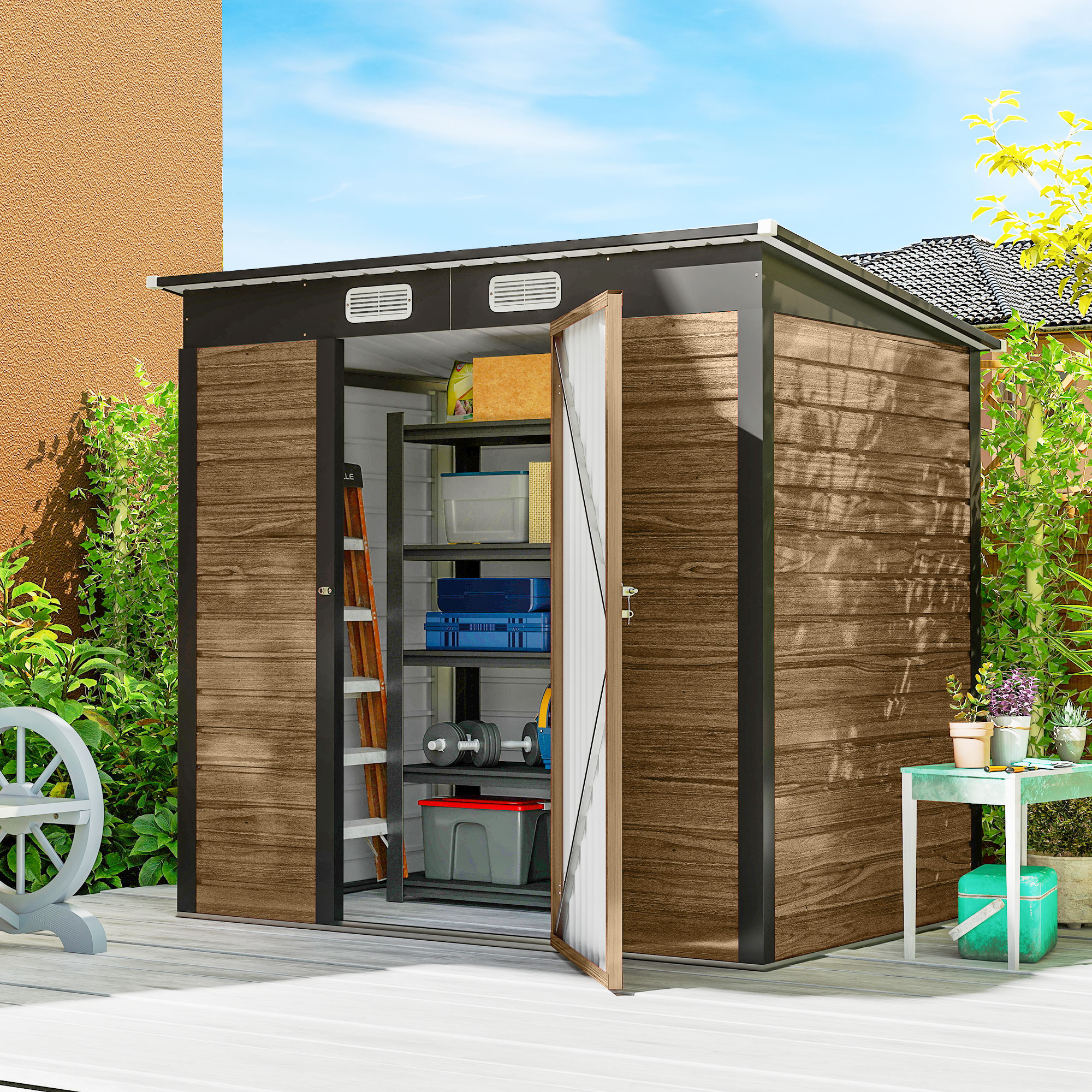 Outsunny 6' x 4' Lockable Galvanized Garden Storage Shed, Metal Outdoor Shed with Double Doors and 2 Vents, Teak | Aosom Canada