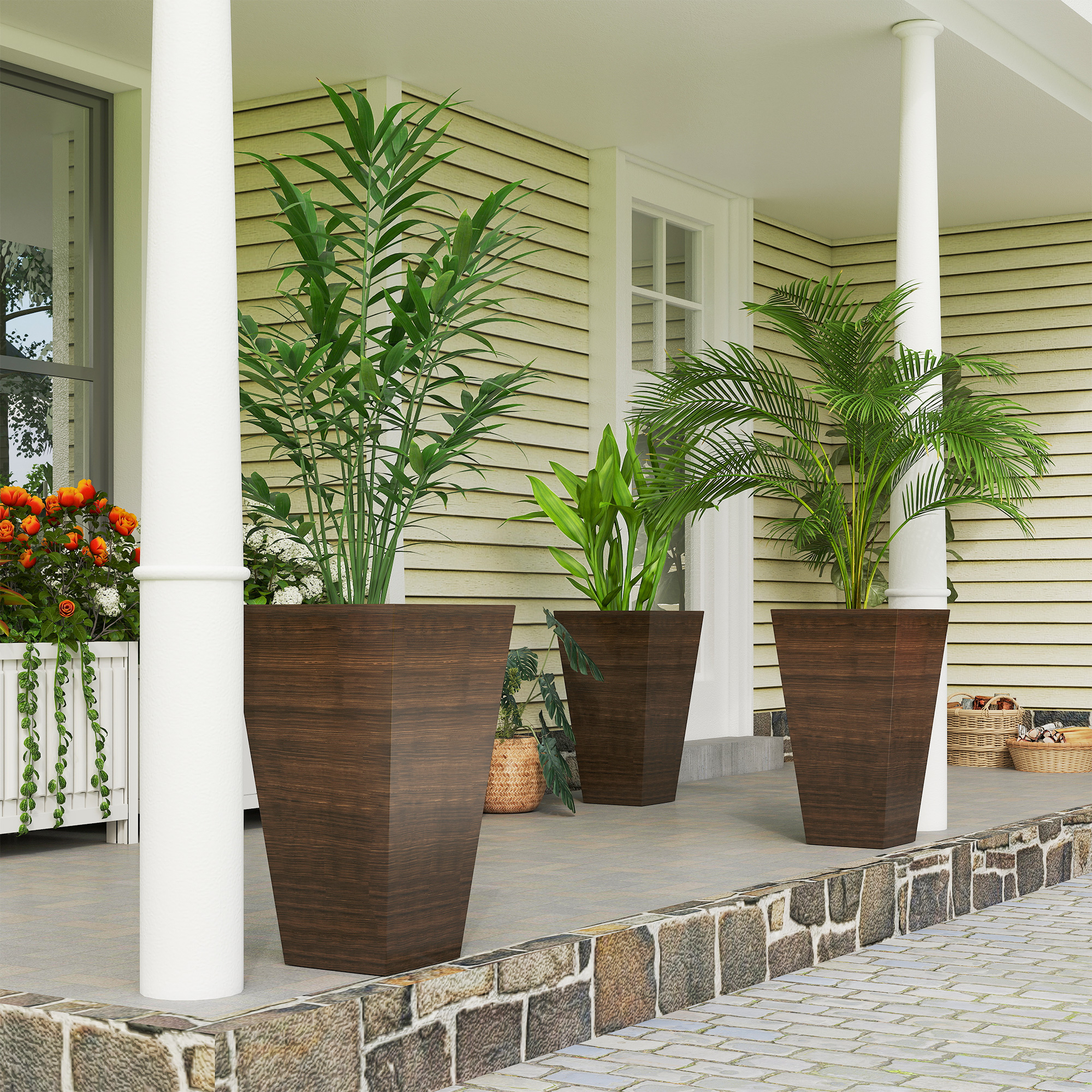 Outsunny Tall Planter for Outdoor Plants Set of 3, 28 Inch Taper Planter with Drainage Holes, Brown Aosom Canada