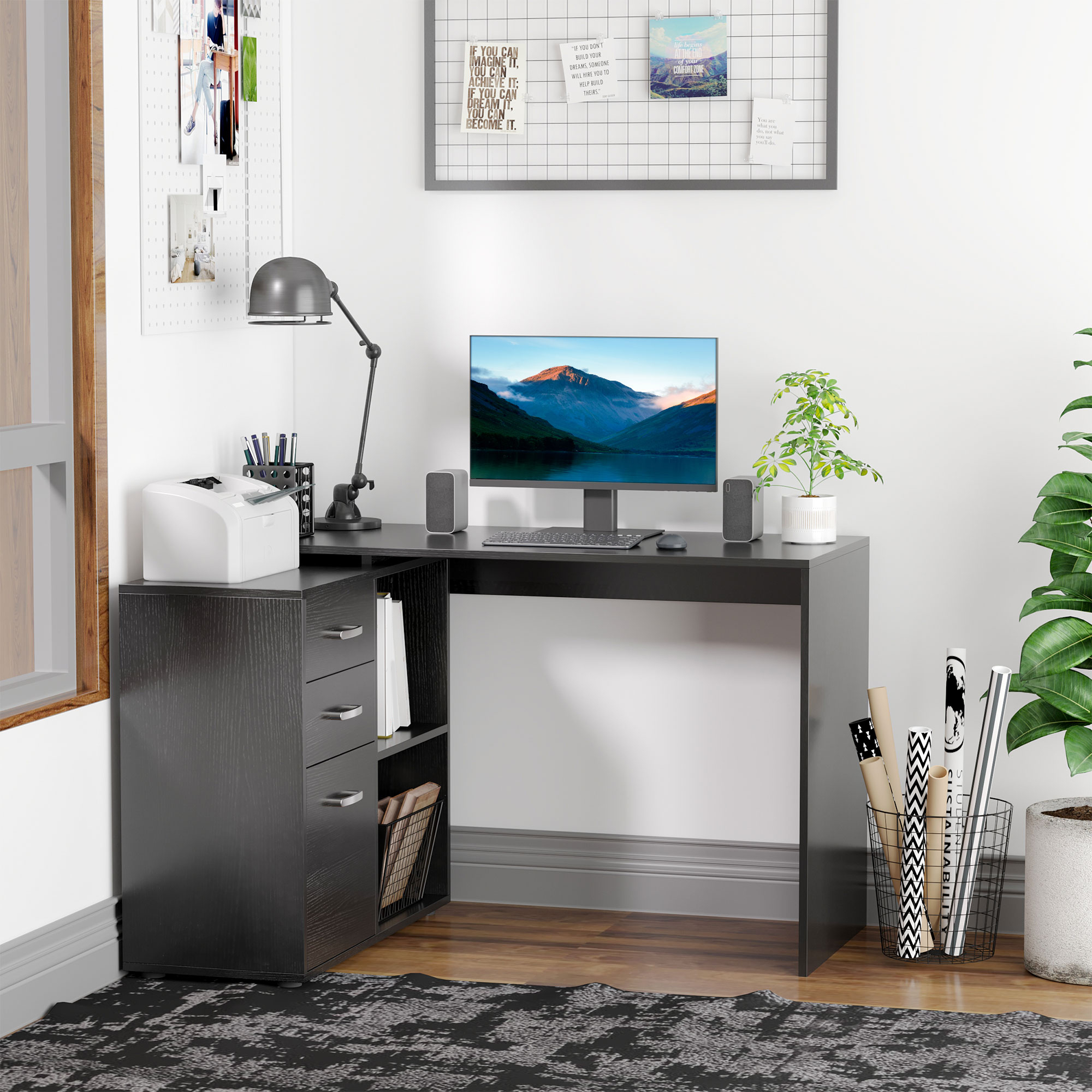 HOMCOM L-Shaped Desk Computer Corner with Storage Shelf Drawer Black Home Office Workstation Aosom Canada