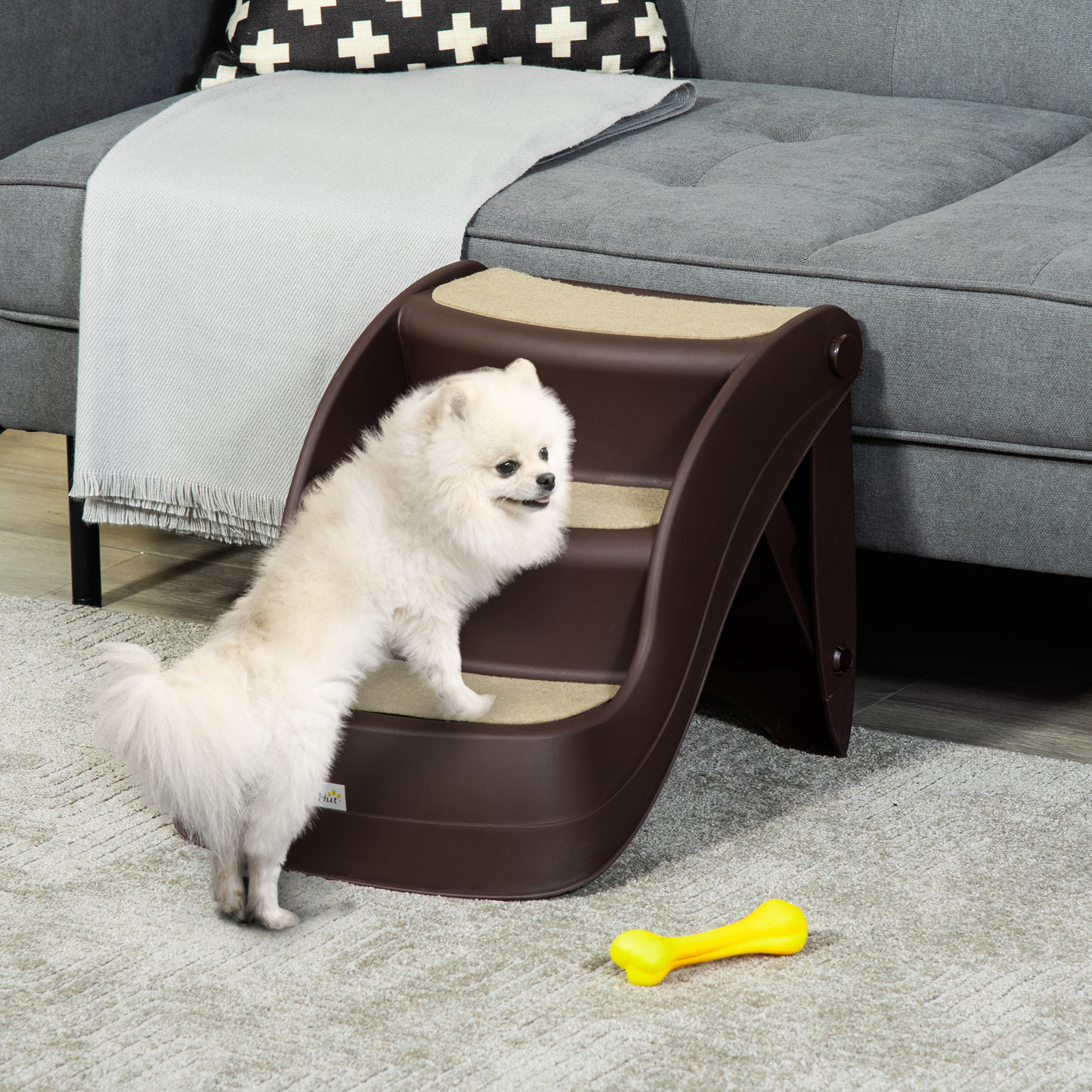PawHut 3-Step Pet Stairs: Portable Foldable Brown Steps with Non-Slip Treads for Small Dog & Cat Bed Access Aosom Canada