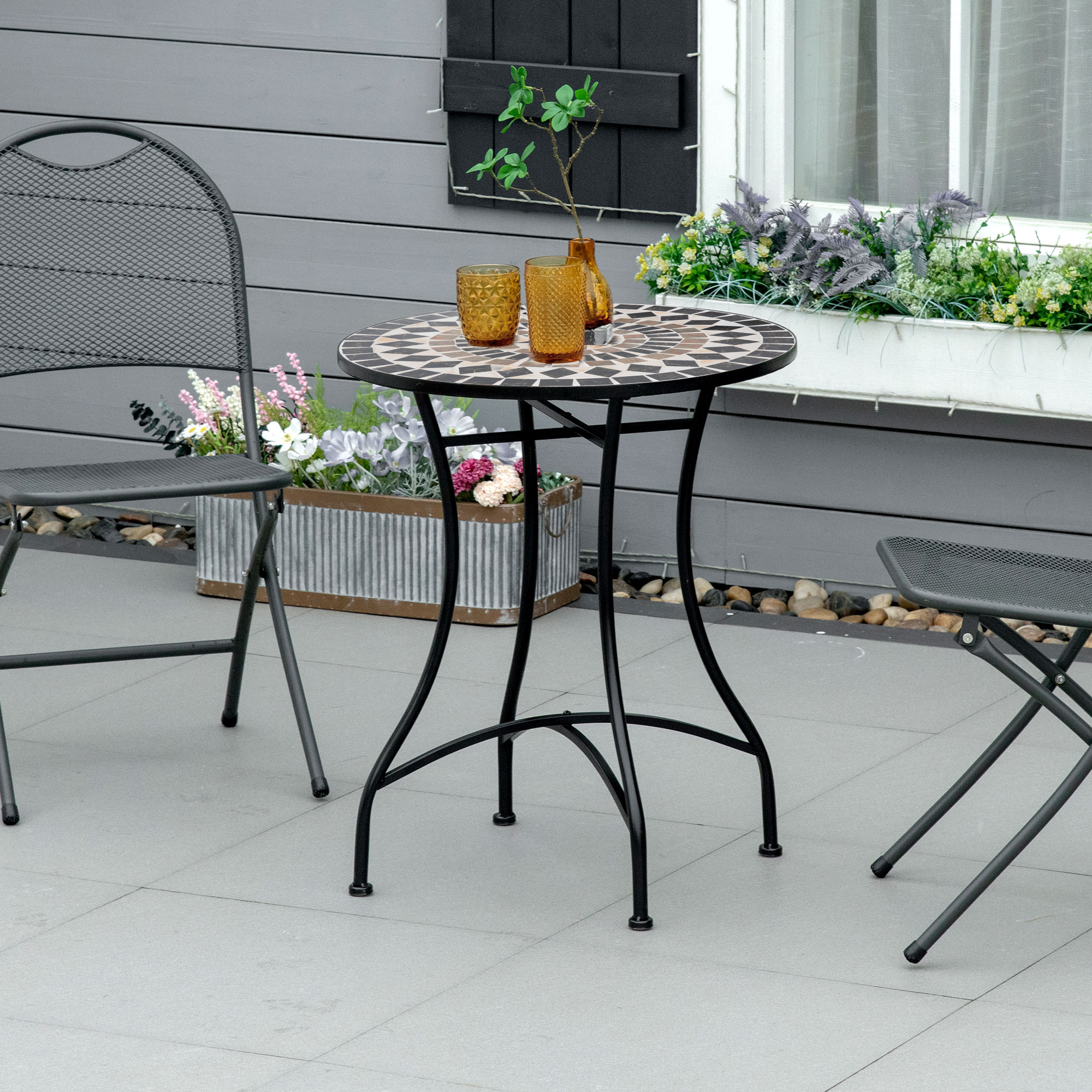 Outsunny Mosaic Patio Table, Round Coffee Table with Metal Frame, Garden Furniture for Outdoor, Poolside, Black | Aosom Canada