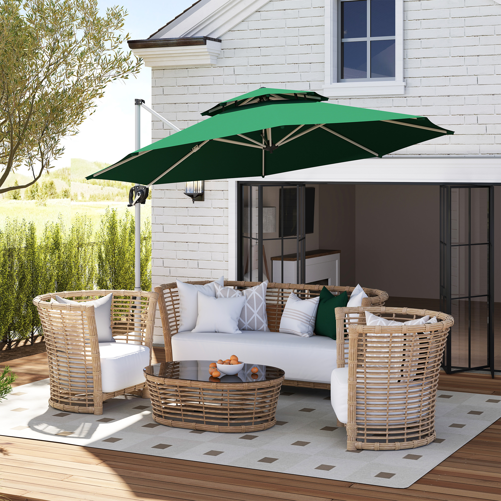 Outsunny 10 FT Cantilever Patio Umbrella with 360° Rotation & Adjustable Height, Cross Base, Crank and Tilt, Dark Green Aosom Canada