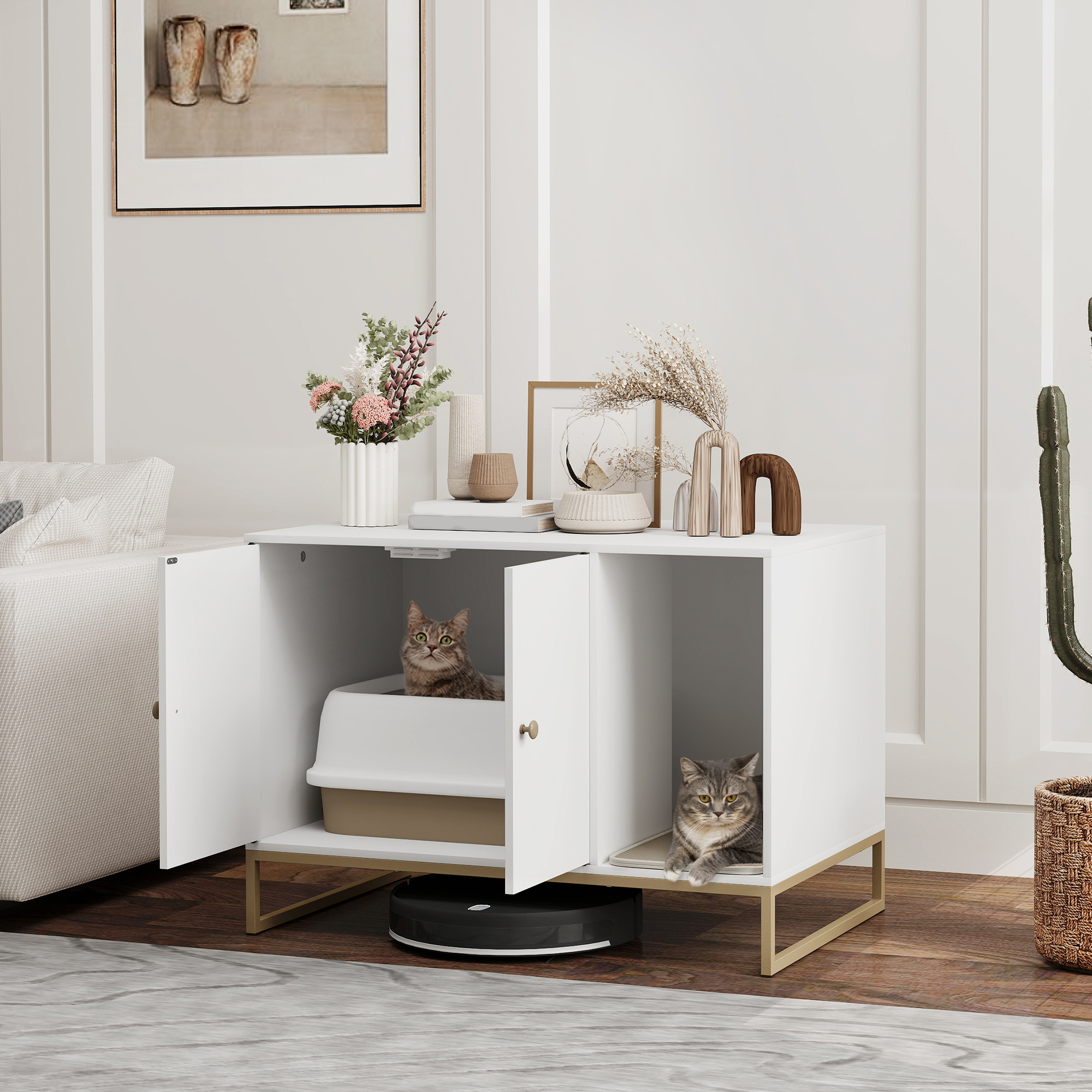 PawHut Cat Litter Box Enclosure with Tall Legs, Litter Mat, Fits Mots of Litter Box, 31.5" x 20" x 22", White Aosom Canada