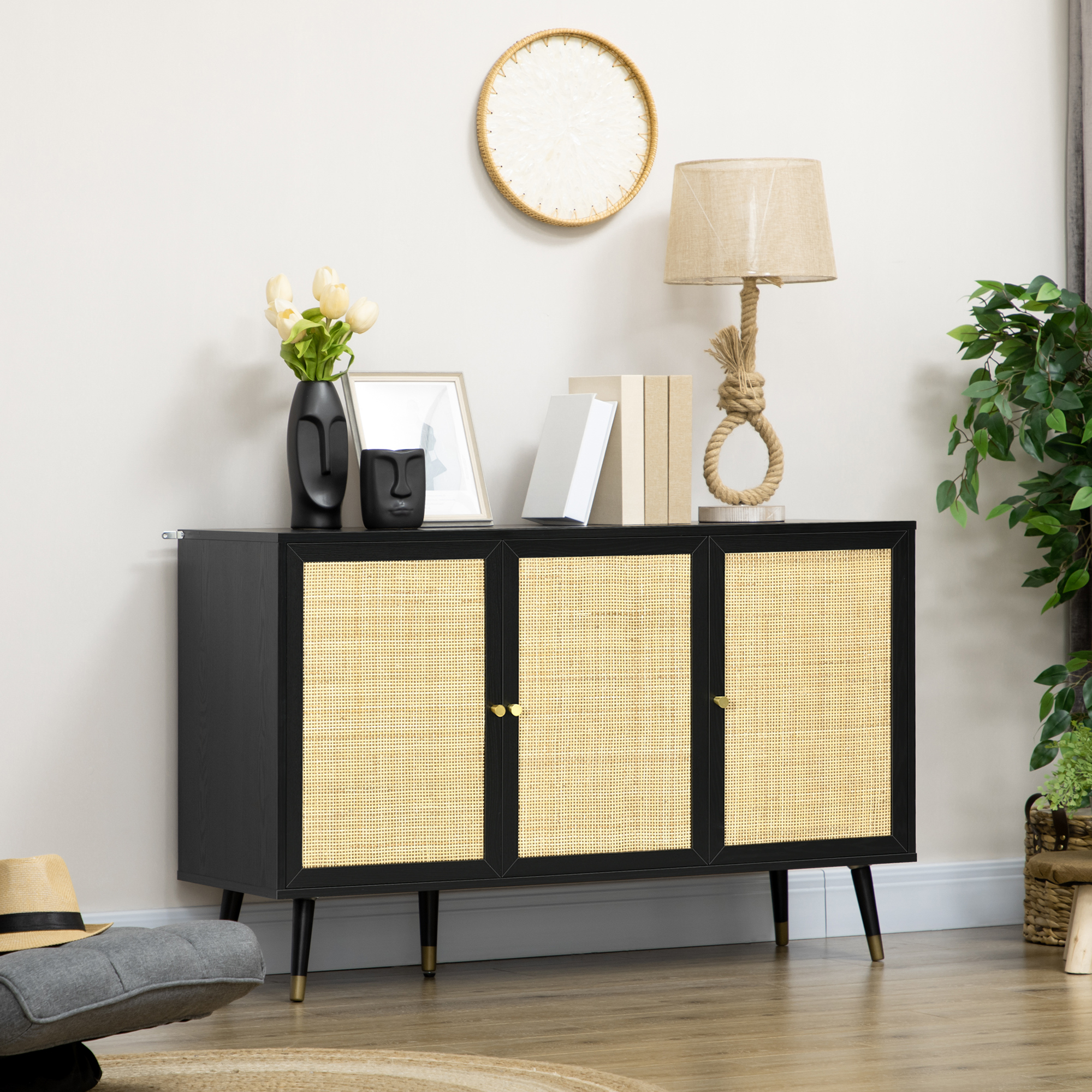 HOMCOM Kitchen Sideboard Cabinet, Boho Storage Cabinet with Shelves, Wood Legs, Decorative Rattan Doors, Black Aosom Canada