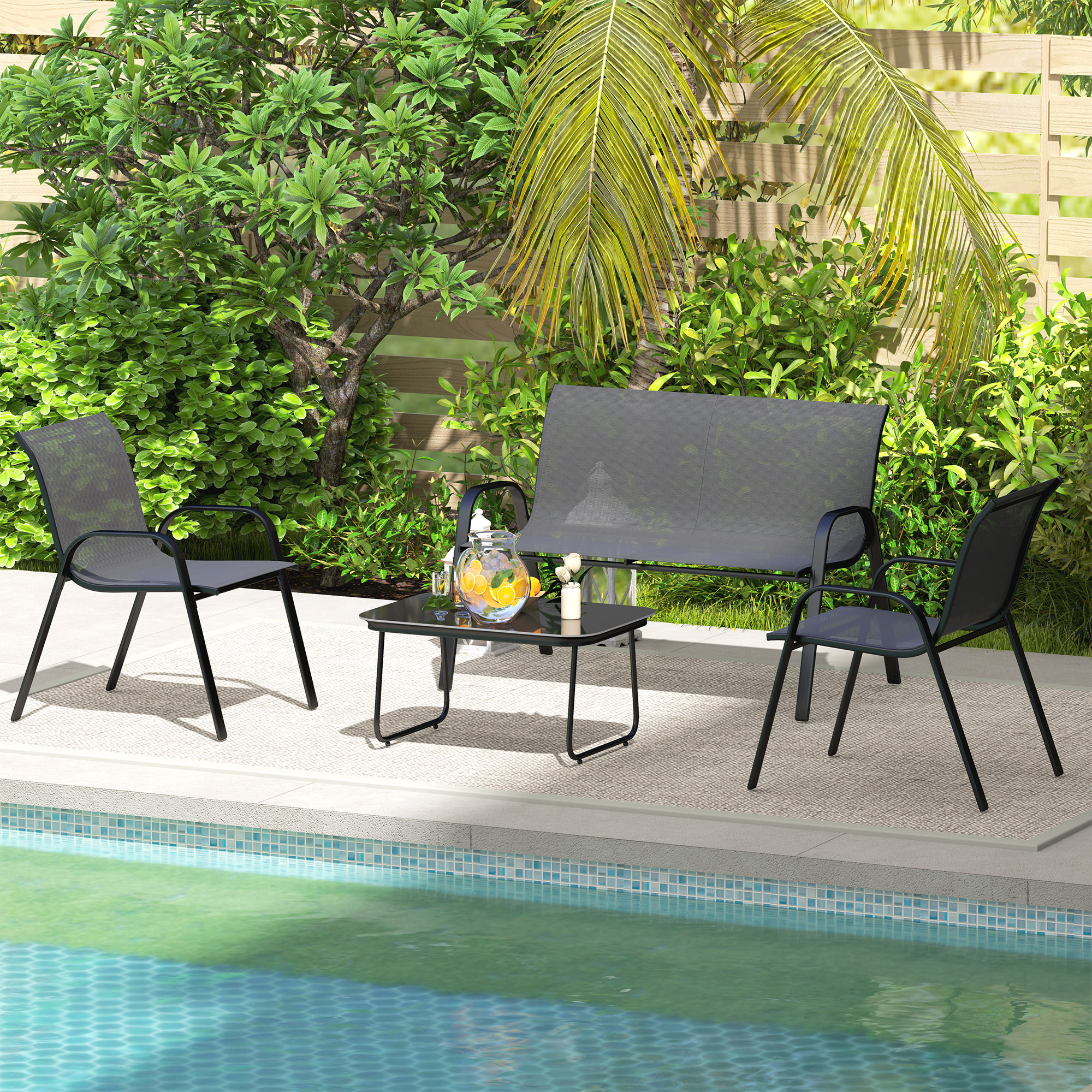Outsunny 4 Pieces Outdoor Furniture Set with 2 Stackable Chairs, Loveseat, Patio Conversation Set with Glass Coffee Table, Black Aosom Canada