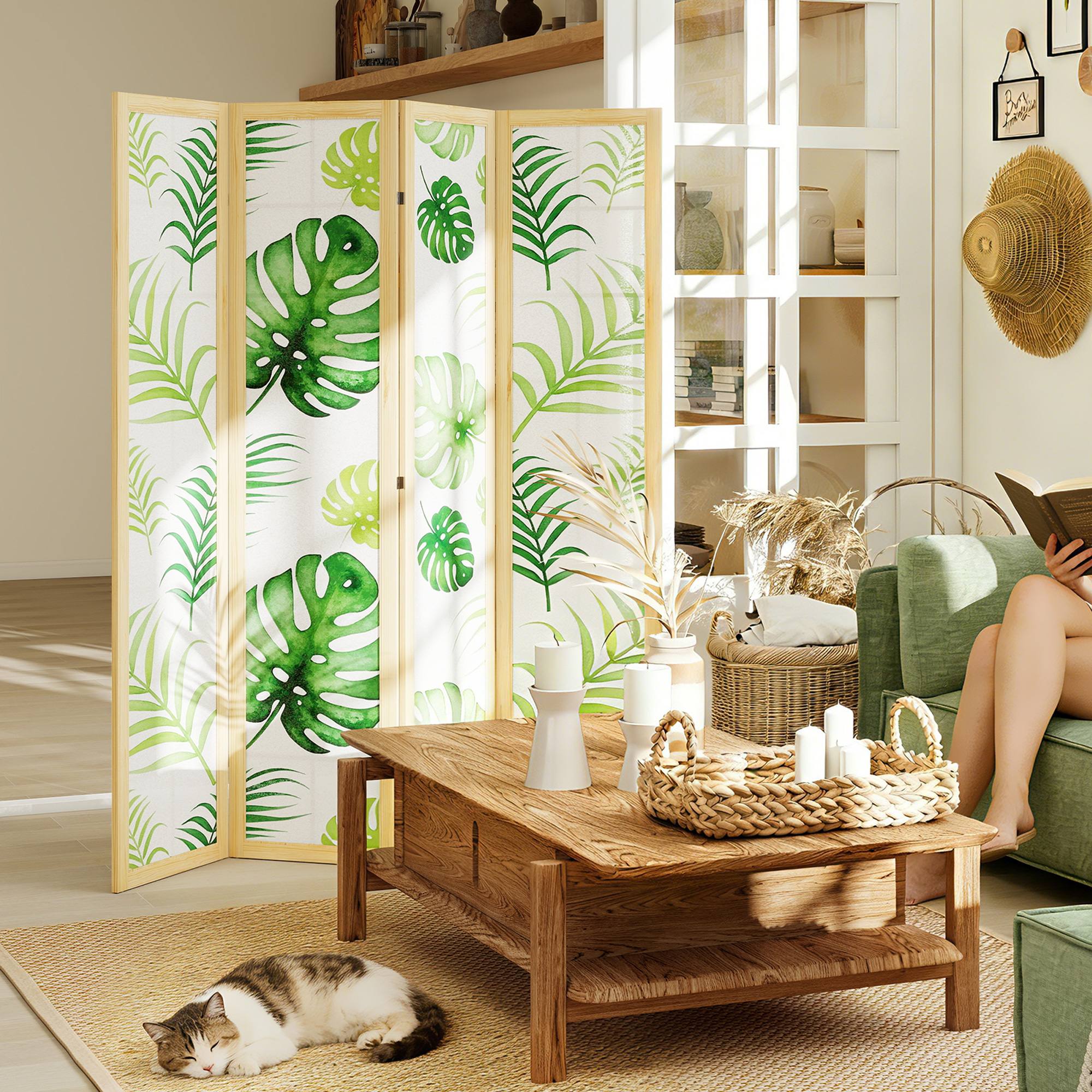 HOMCOM Folding Screen Room Divider with Palm Leaf Design, 67" Modern Decorative Screen, Lightweight, Natural and Green Aosom Canada