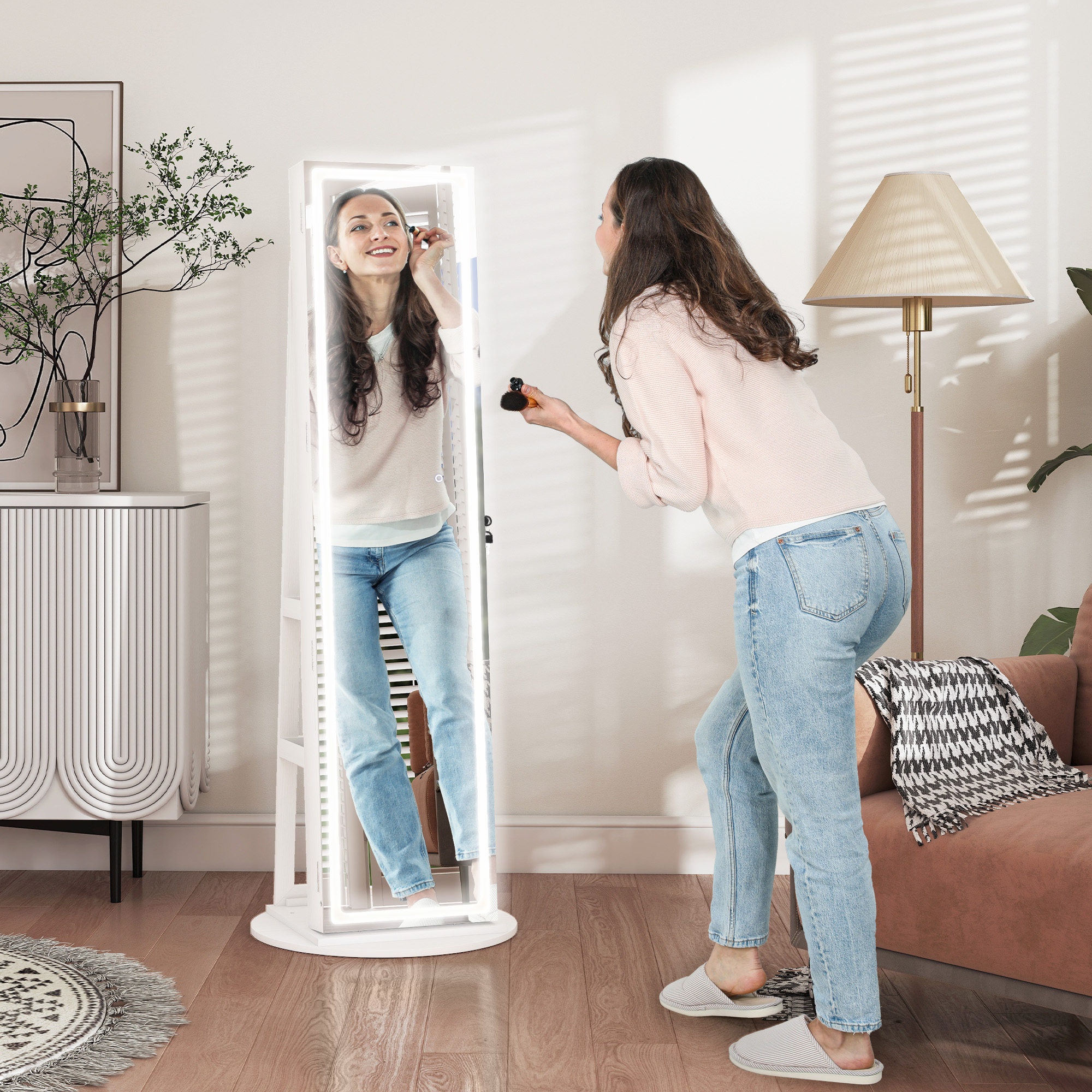 HOMCOM Jewellery Cabinet with 360° Swivel Full Length Lockable Mirror, Standing Jewellery Armoire Organizer with LEDs, White Aosom Canada