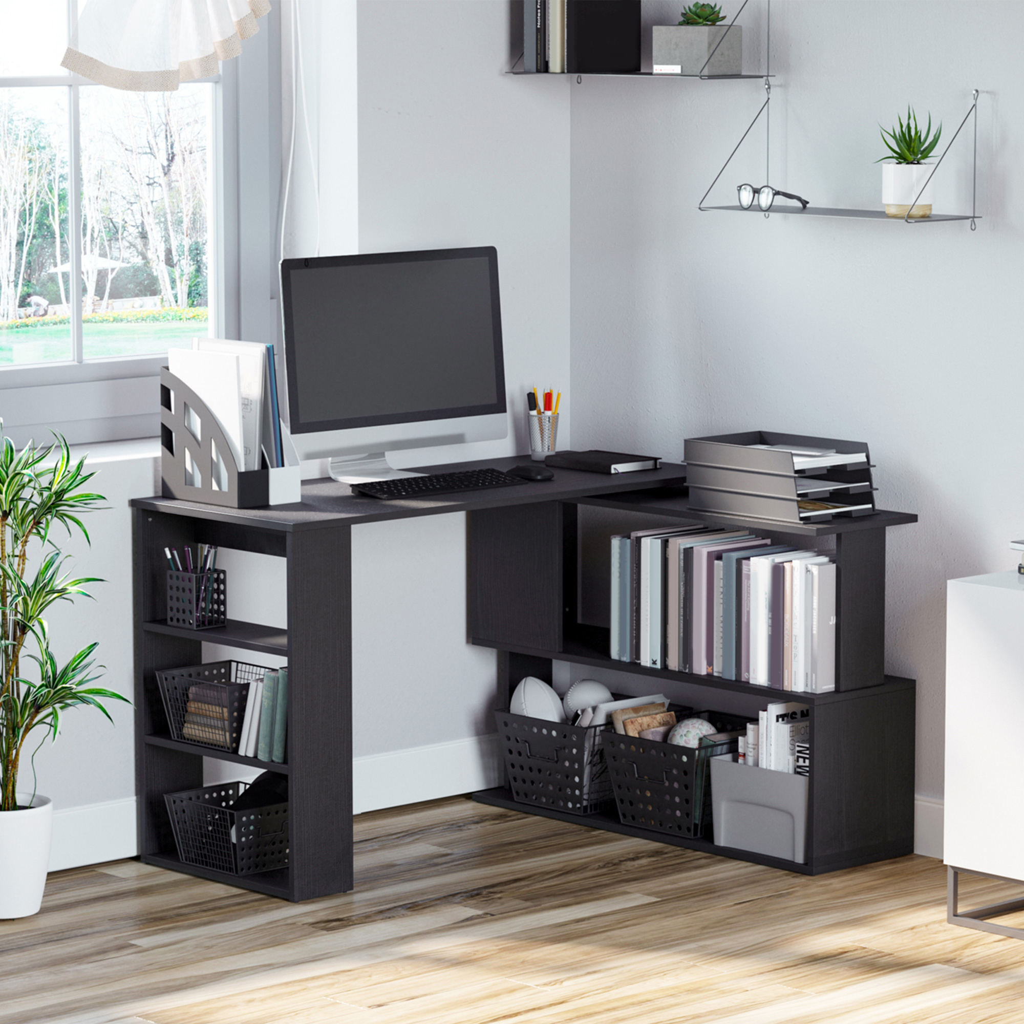 HOMCOM Rotating L-Shaped Desk Corner Computer Workstation with Storage Shelf Home Office Writing Table Black Aosom Canada