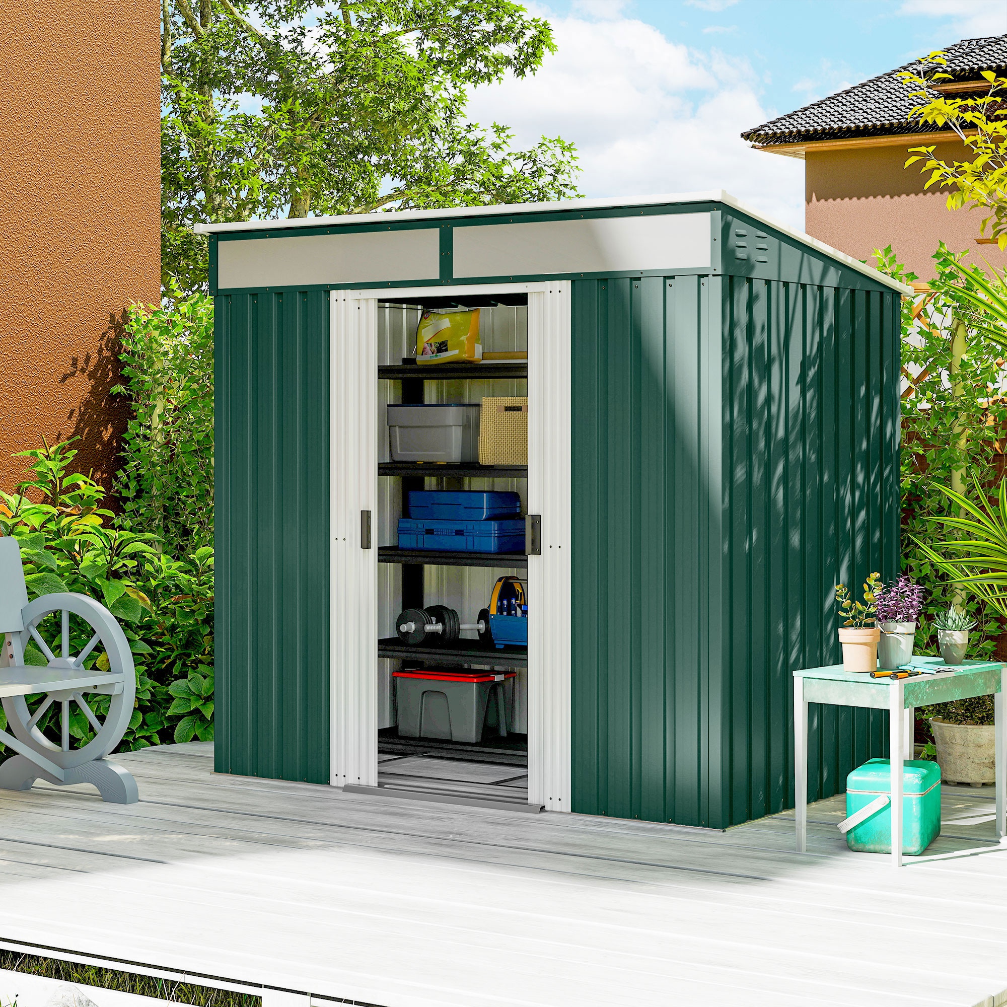 Outsunny 6.5x4ft Garden Storage Shed with Foundation Kit, Galvanised Lockable Garden Tool Storage House with Sliding Doors, Vents, Green Aosom Canada