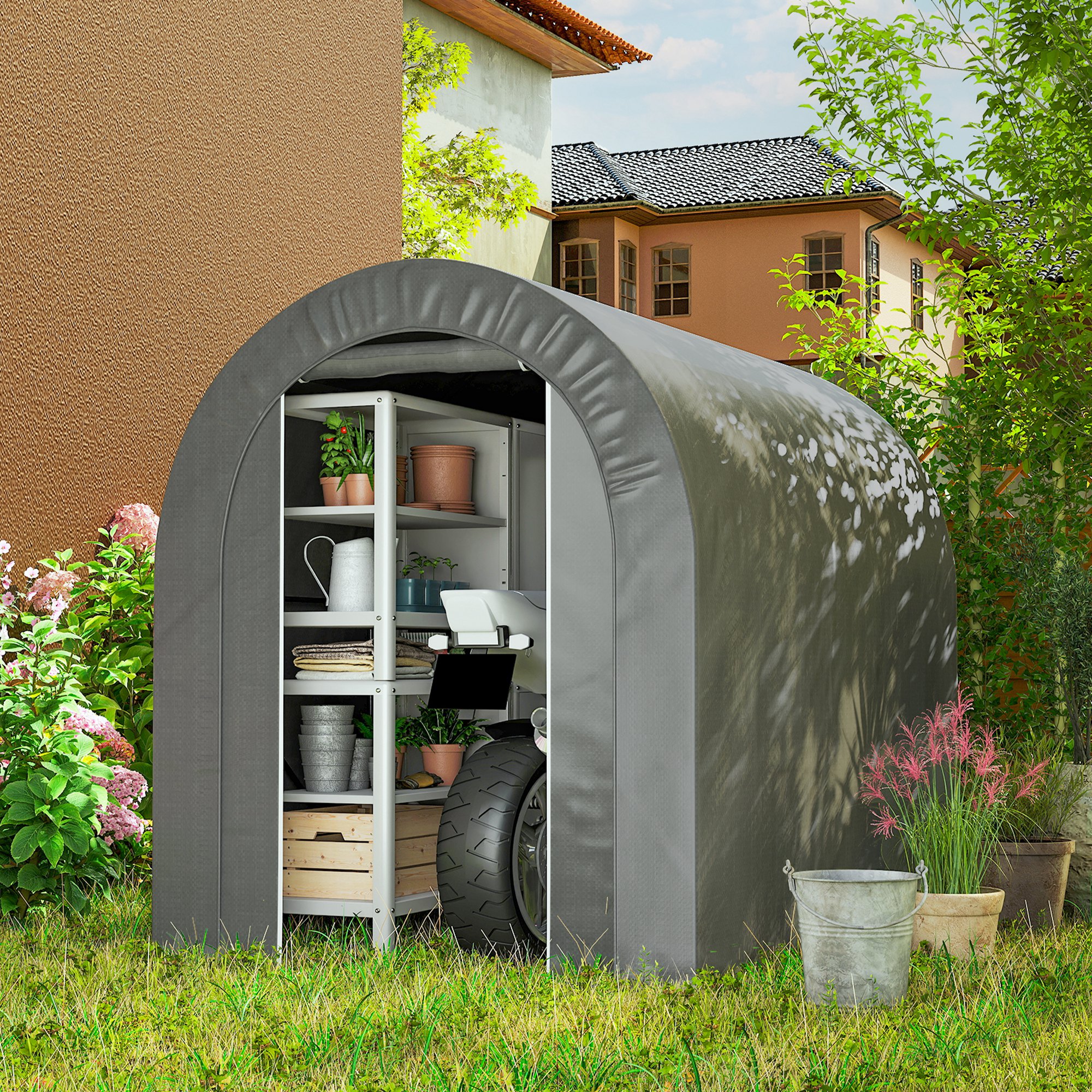 Outsunny 6' x 8' Outdoor Storage Shed, Heavy Duty Galvanized Steel Portable Shed for Bike, Motorcycle, Garden Tools, Light Grey Aosom Canada