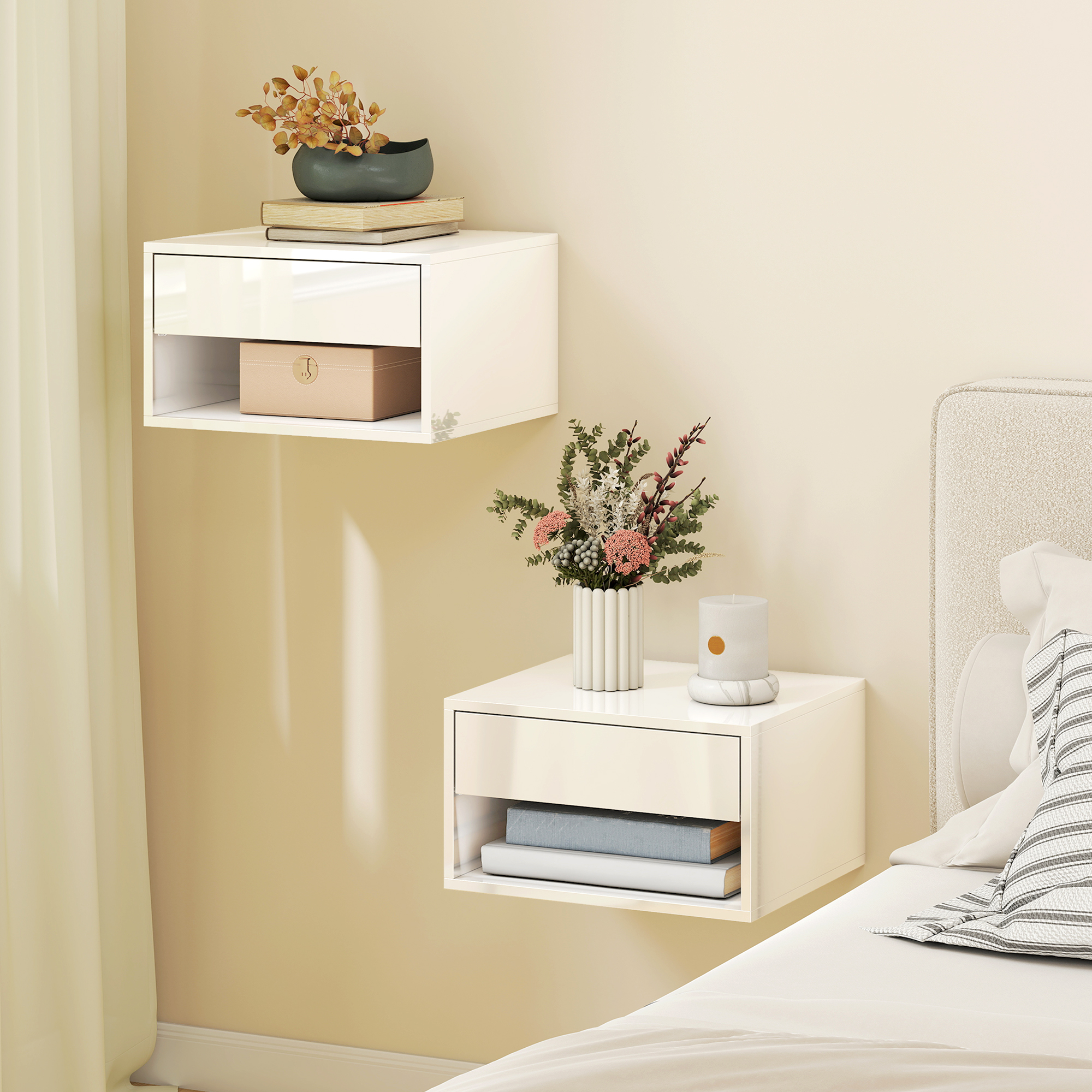 HOMCOM Floating Bedside Tables Set of 2, Wall-Mounted Nightstand, High Gloss White Aosom Canada
